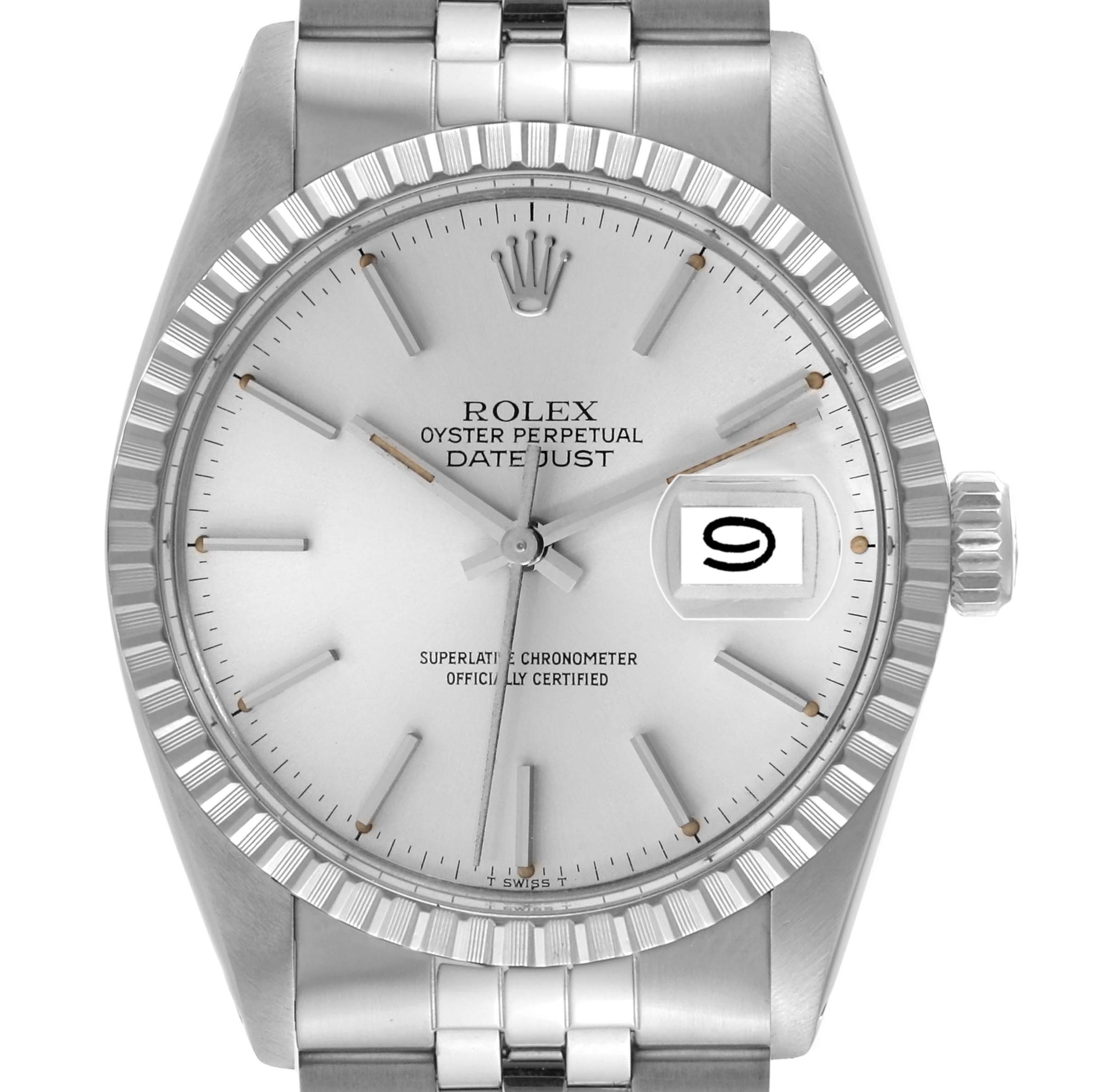 The image shows a front view of the Rolex Vintage Collection 16030 Men's Stainless Steel Silver Dial 16030 Men's Stainless Steel Silver Dial Datejust watch, highlighting its silver dial, bezel, and bracelet.