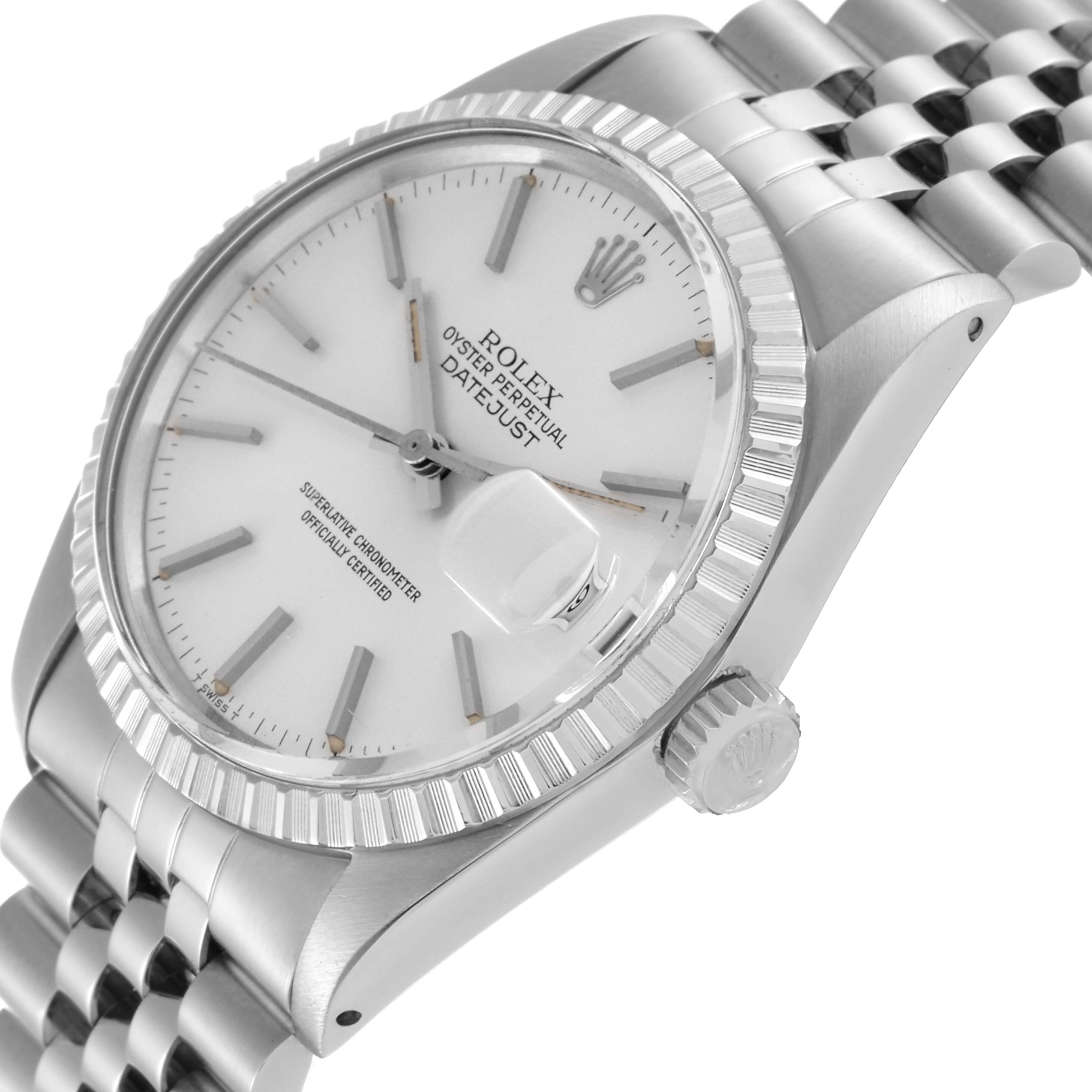 This is a close-up angled view of a Rolex Vintage Collection 16030 Men's Stainless Steel Silver Dial 16030 Men's Stainless Steel Silver Dial Datejust, showing the watch face, fluted bezel, and part of the metal bracelet.
