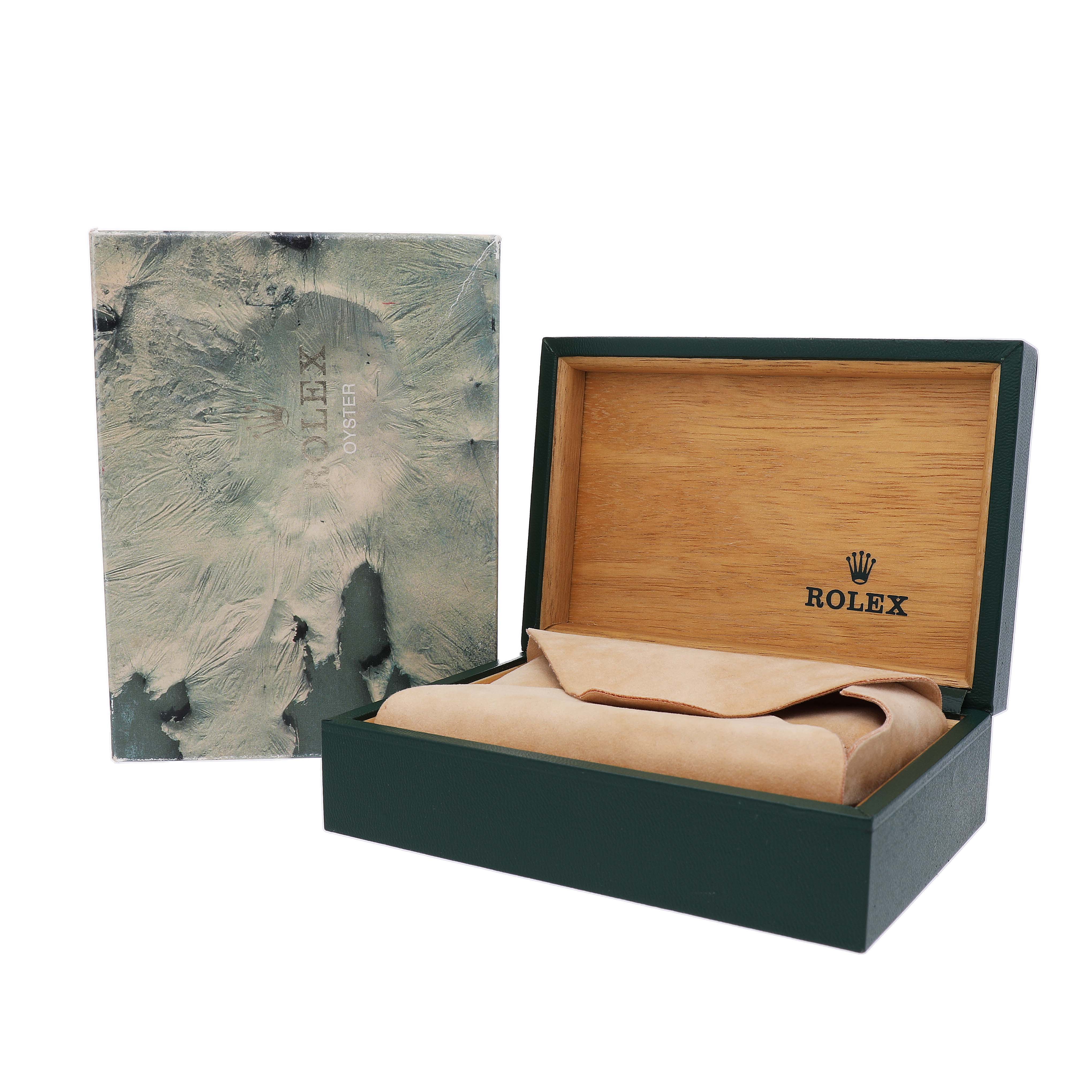 The image shows a Rolex Datejust 16233 Men's Steel and Gold (two tone) Champagne Dial watch box and protective cover, displayed from a front angle.