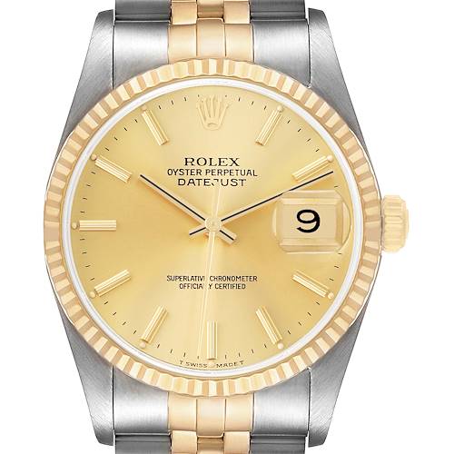 The Rolex Datejust 16233 Men's Steel and Gold (two tone) Champagne Dial watch is shown from the front, displaying the face, bezel, hands, date window, and part of the bracelet.