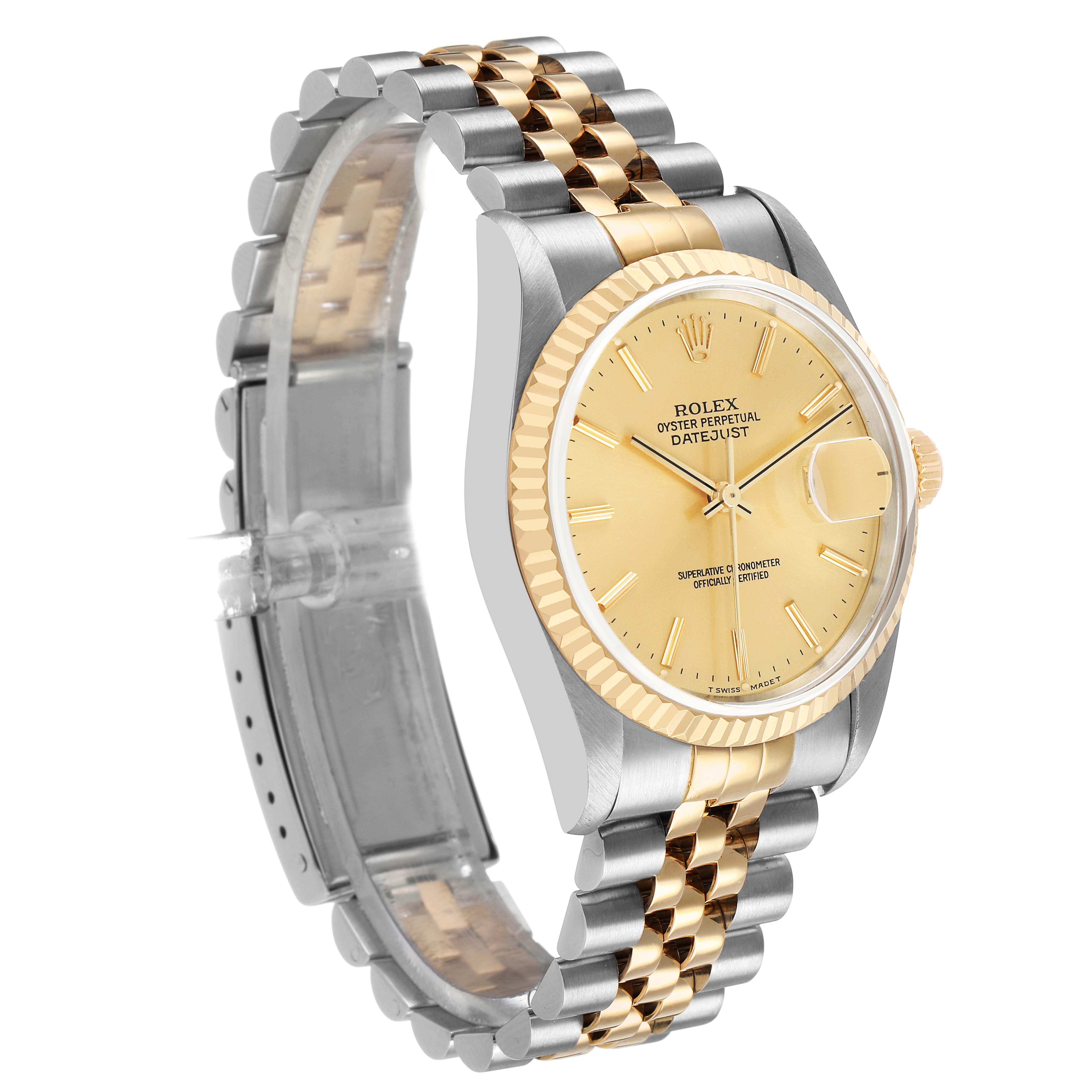 The Rolex Datejust 16233 Men's Steel and Gold (two tone) Champagne Dial watch is shown at a three-quarter angle, highlighting the face, fluted bezel, and two-tone Jubilee bracelet.