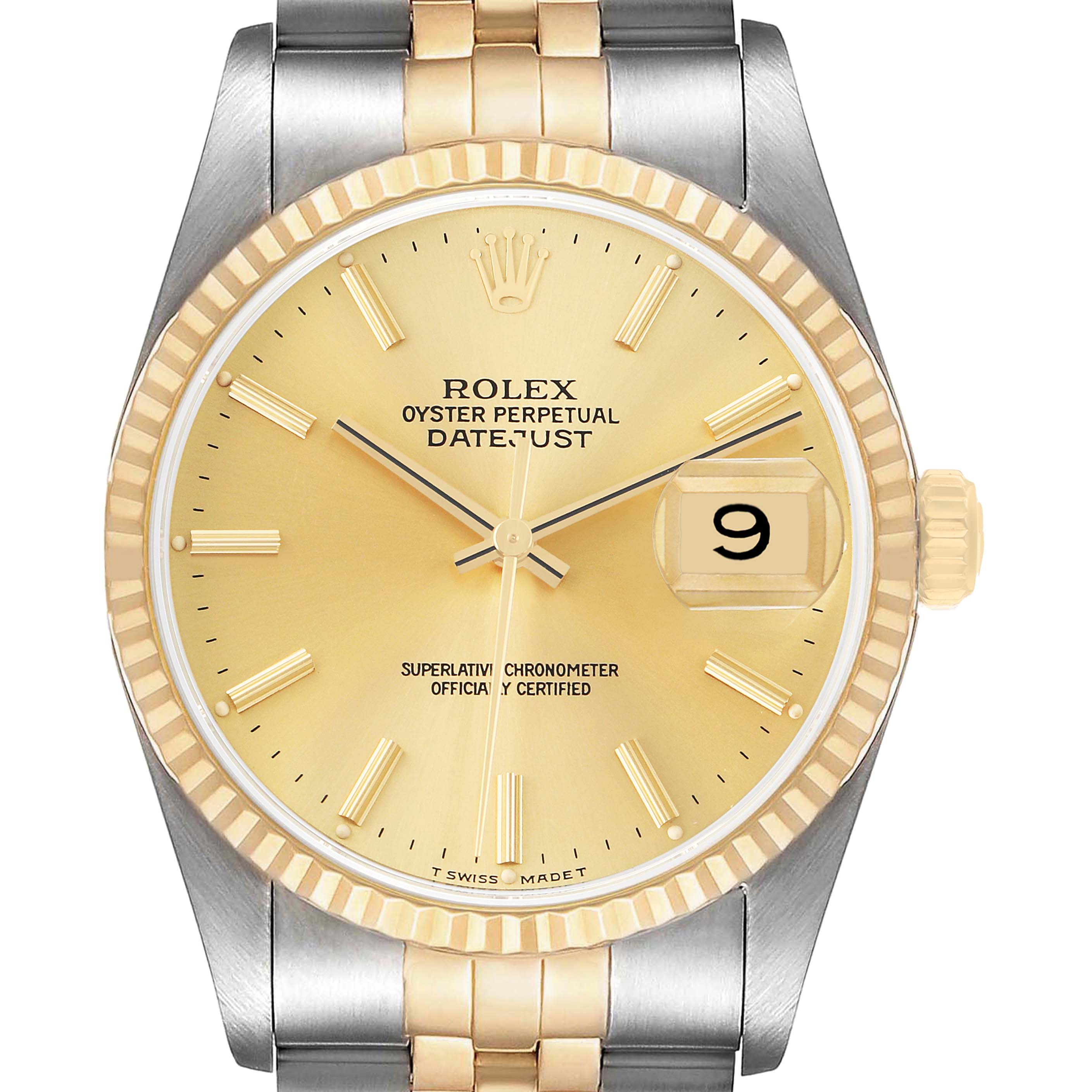 The Rolex Datejust 16233 Men's Steel and Gold (two tone) Champagne Dial watch is shown from a front angle, highlighting the dial, hands, date window, bezel, and part of the bracelet.