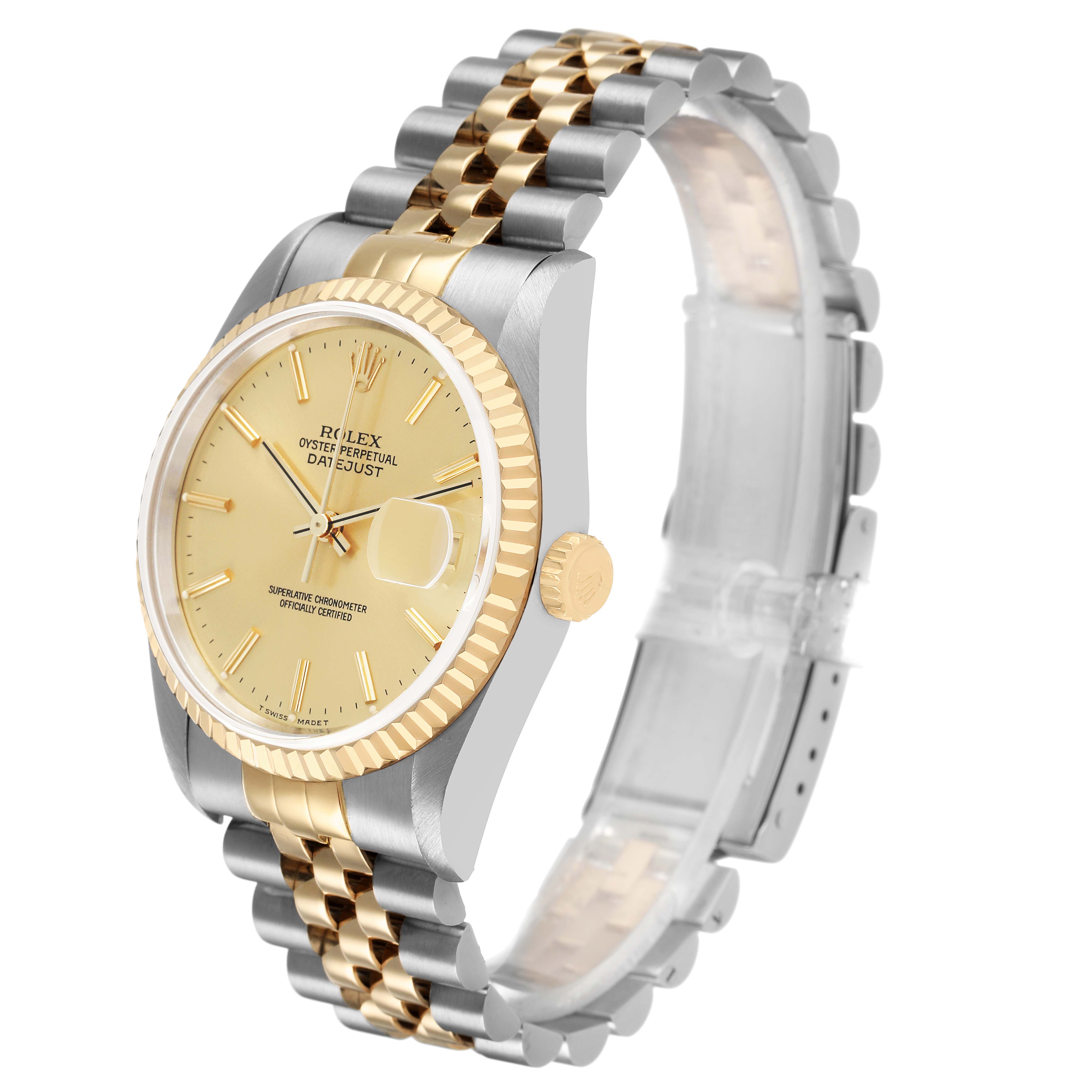 The Rolex Datejust 16233 Men's Steel and Gold (two tone) Champagne Dial watch is shown at a slight side angle, featuring its dial, case, crown, and two-tone bracelet.
