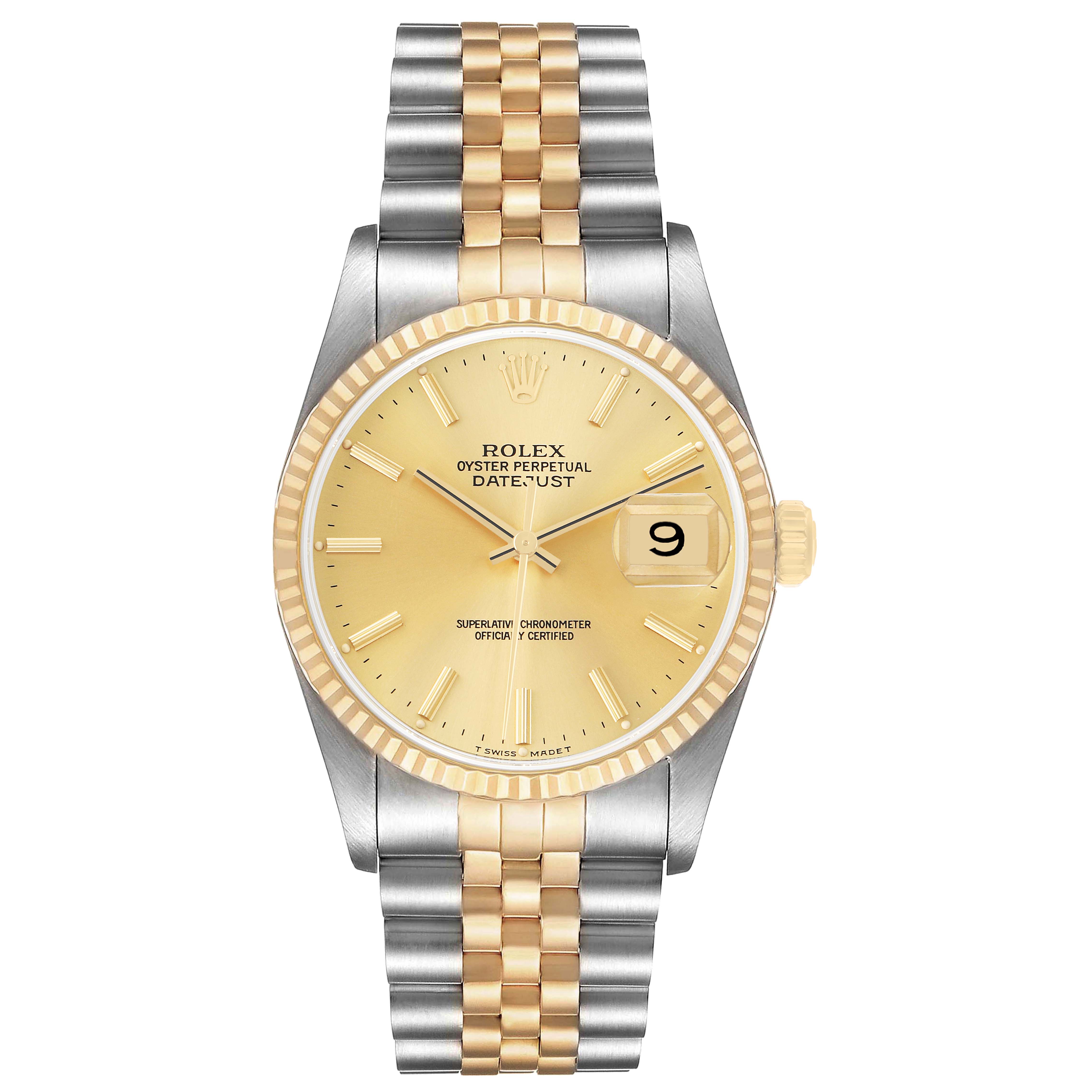 The Rolex Datejust 16233 Men's Steel and Gold (two tone) Champagne Dial watch is shown from a top-down angle, displaying the dial, bezel, crown, and bracelet.