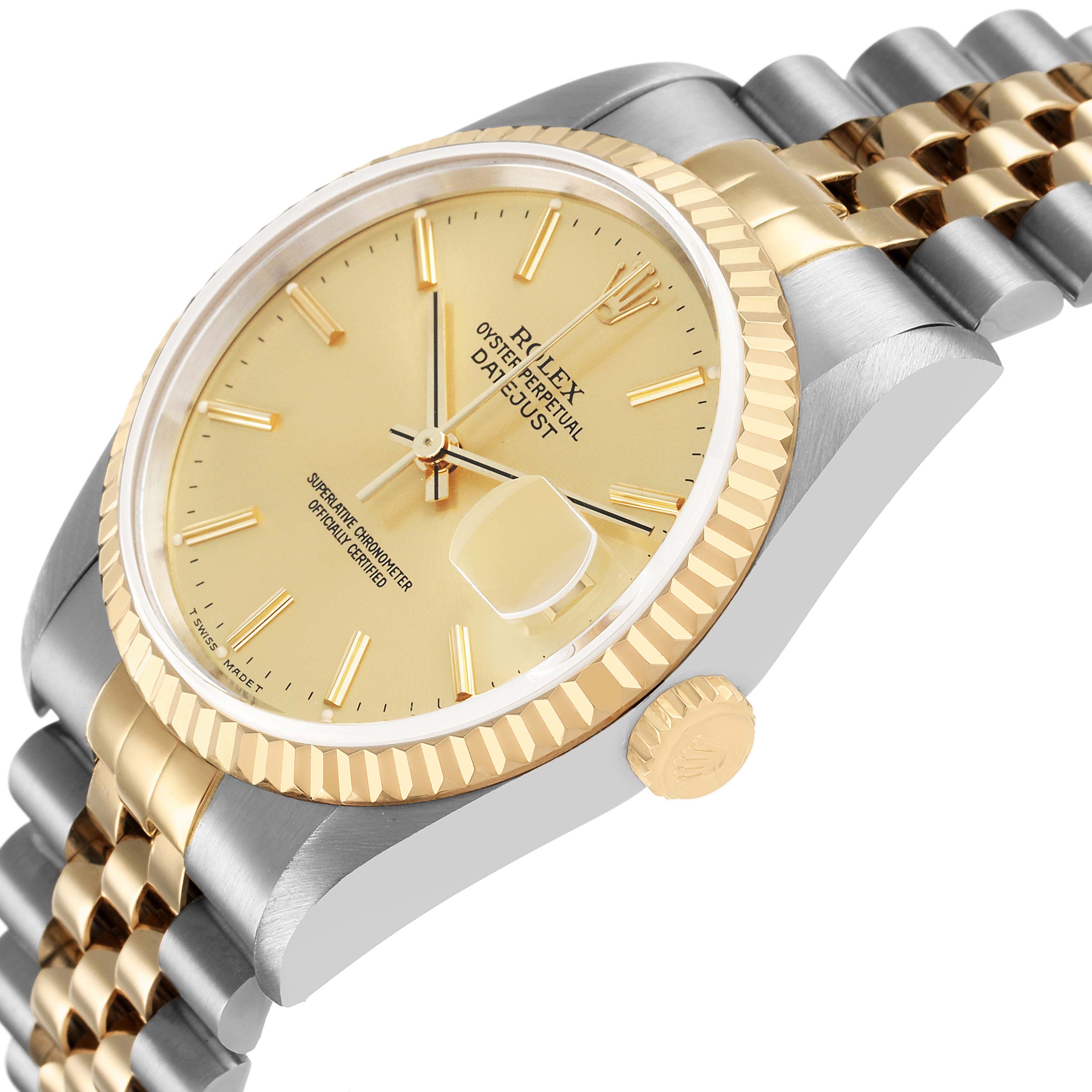 The Rolex Datejust 16233 Men's Steel and Gold (two tone) Champagne Dial watch is shown at an angle displaying its gold and silver case, fluted bezel, champagne dial, and Jubilee bracelet.