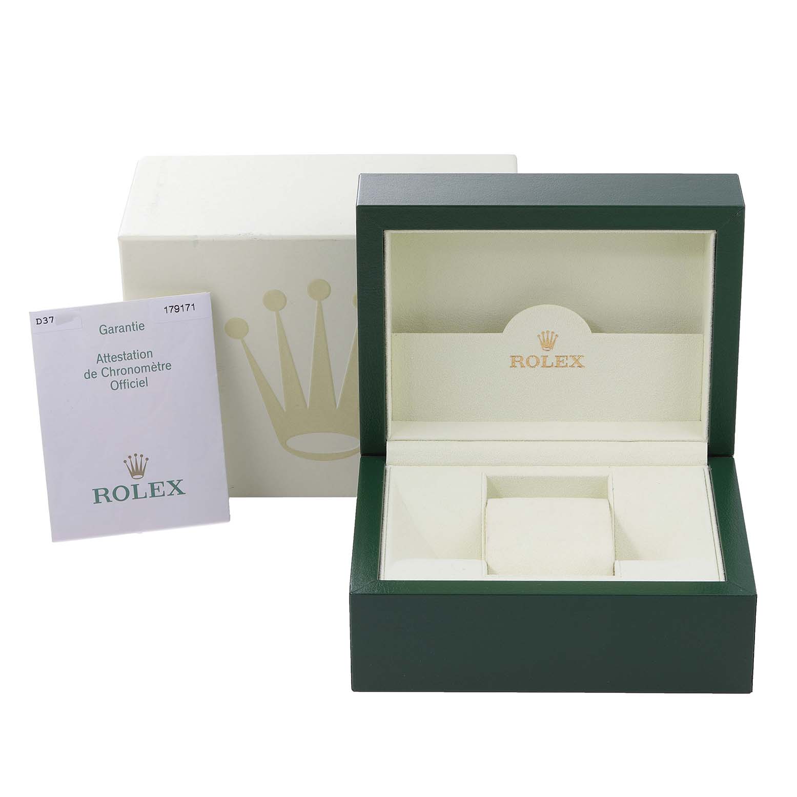 The image shows a green Rolex Datejust 179171 Women's Steel and Gold (two tone) Pink Dial 179171 Women's Steel and Gold (two tone) Pink Dial watch box, an outer box, and an official chronometer certification.