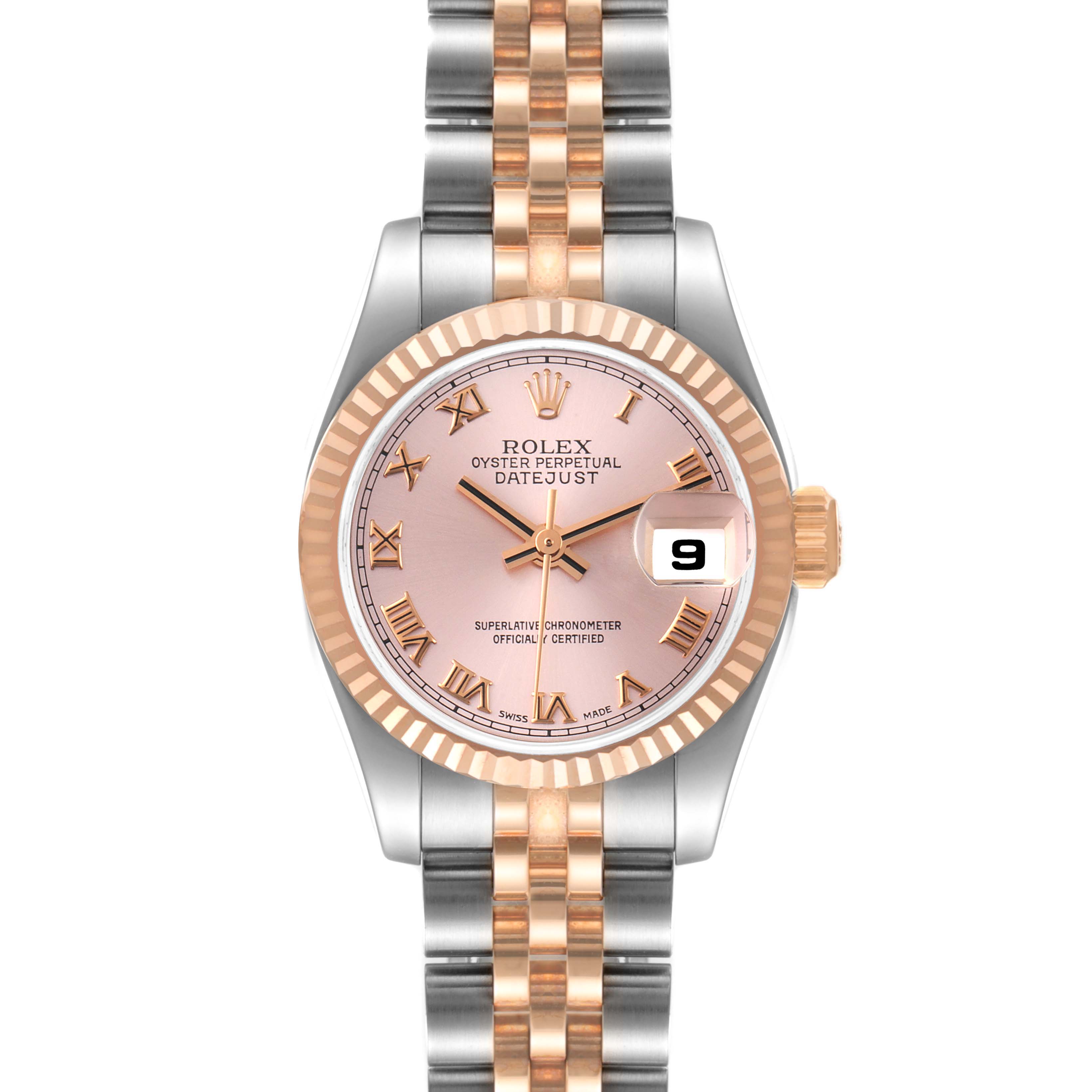 The image shows a Rolex Datejust 179171 Women's Steel and Gold (two tone) Pink Dial 179171 Women's Steel and Gold (two tone) Pink Dial watch from the front angle, highlighting its face, bezel, and bracelet.