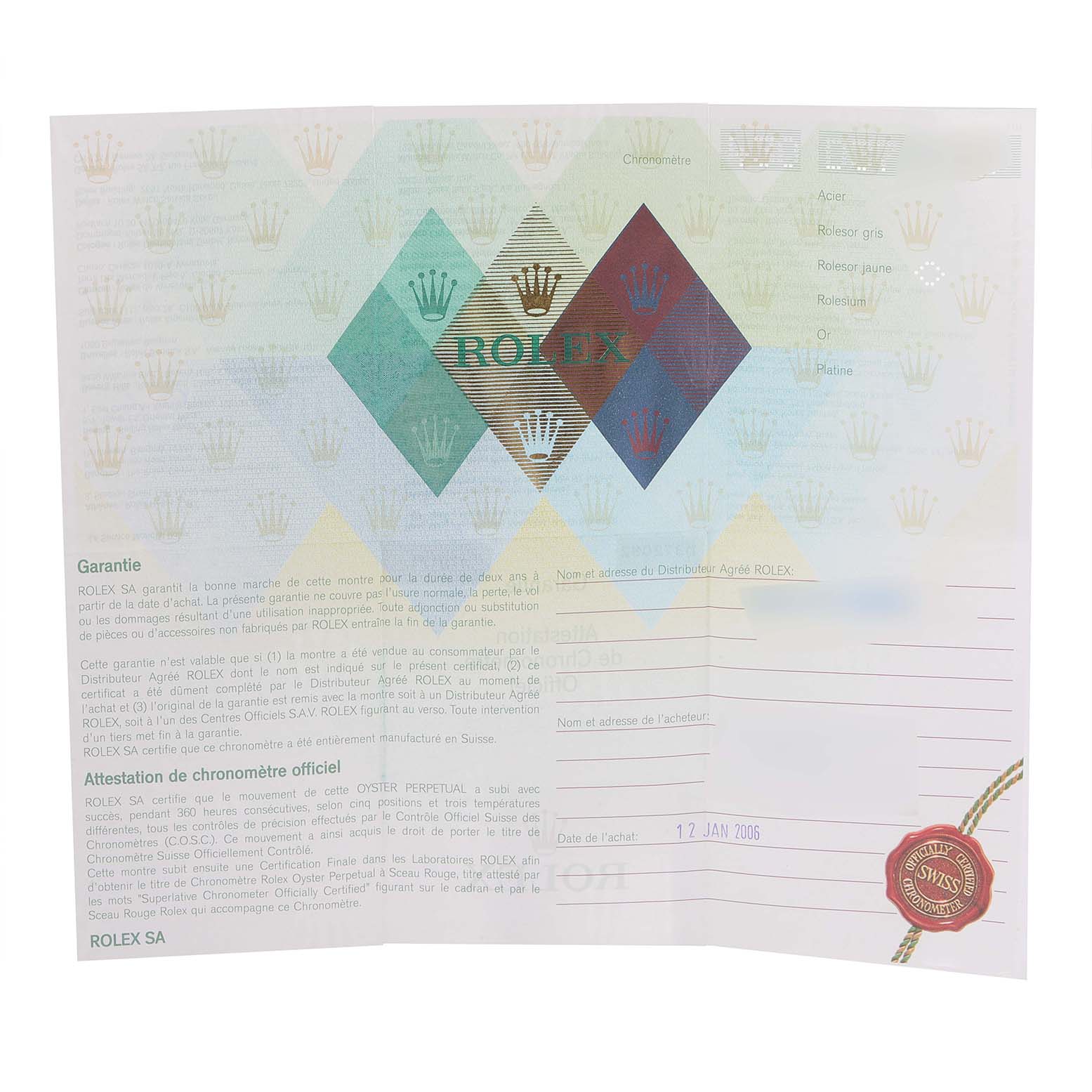 This image shows a Rolex Datejust 179171 Women's Steel and Gold (two tone) Pink Dial 179171 Women's Steel and Gold (two tone) Pink Dial warranty card with the brand logo and text.