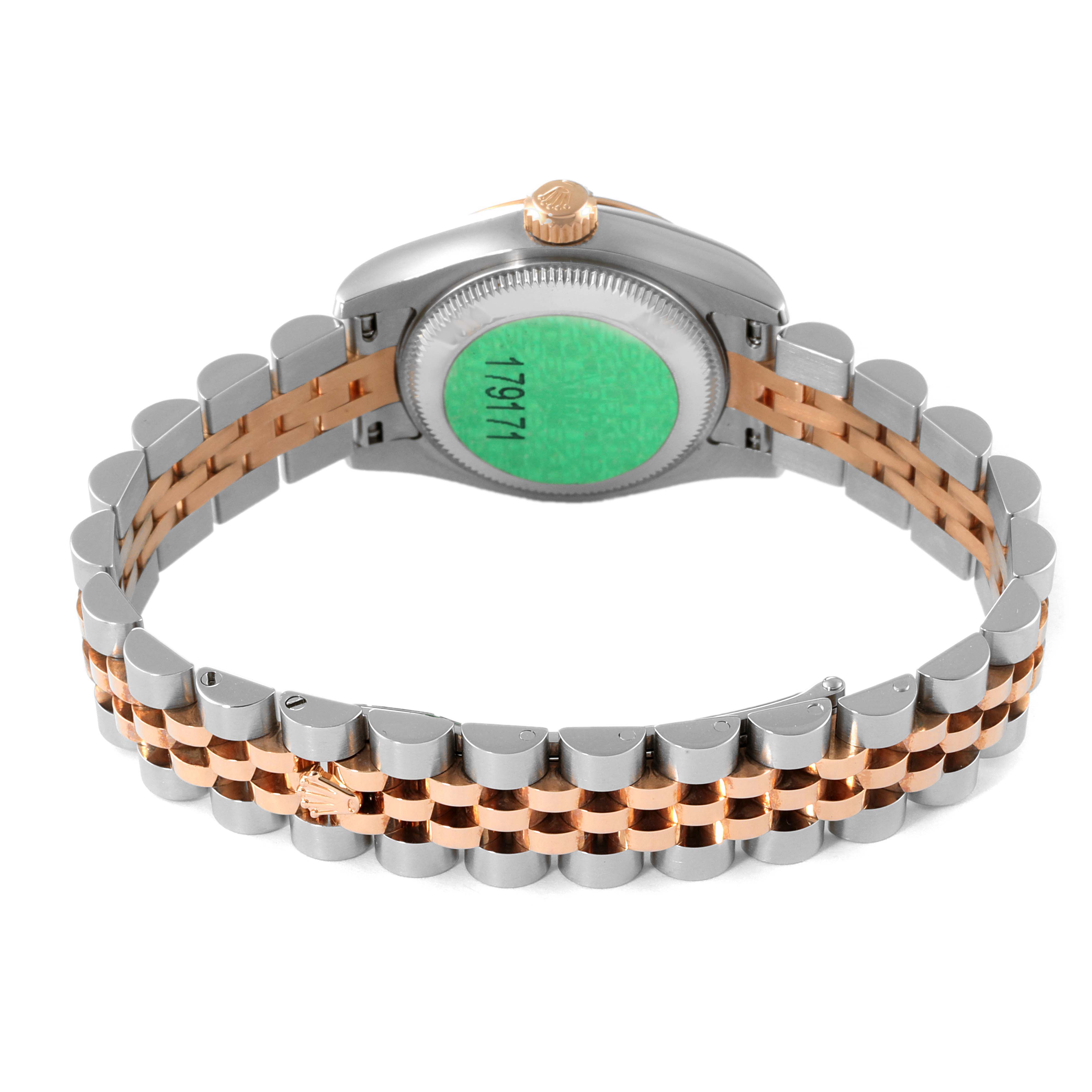 The image shows the back view of a Rolex Datejust 179171 Women's Steel and Gold (two tone) Pink Dial 179171 Women's Steel and Gold (two tone) Pink Dial watch, highlighting the case back, crown, and two-tone jubilee bracelet.