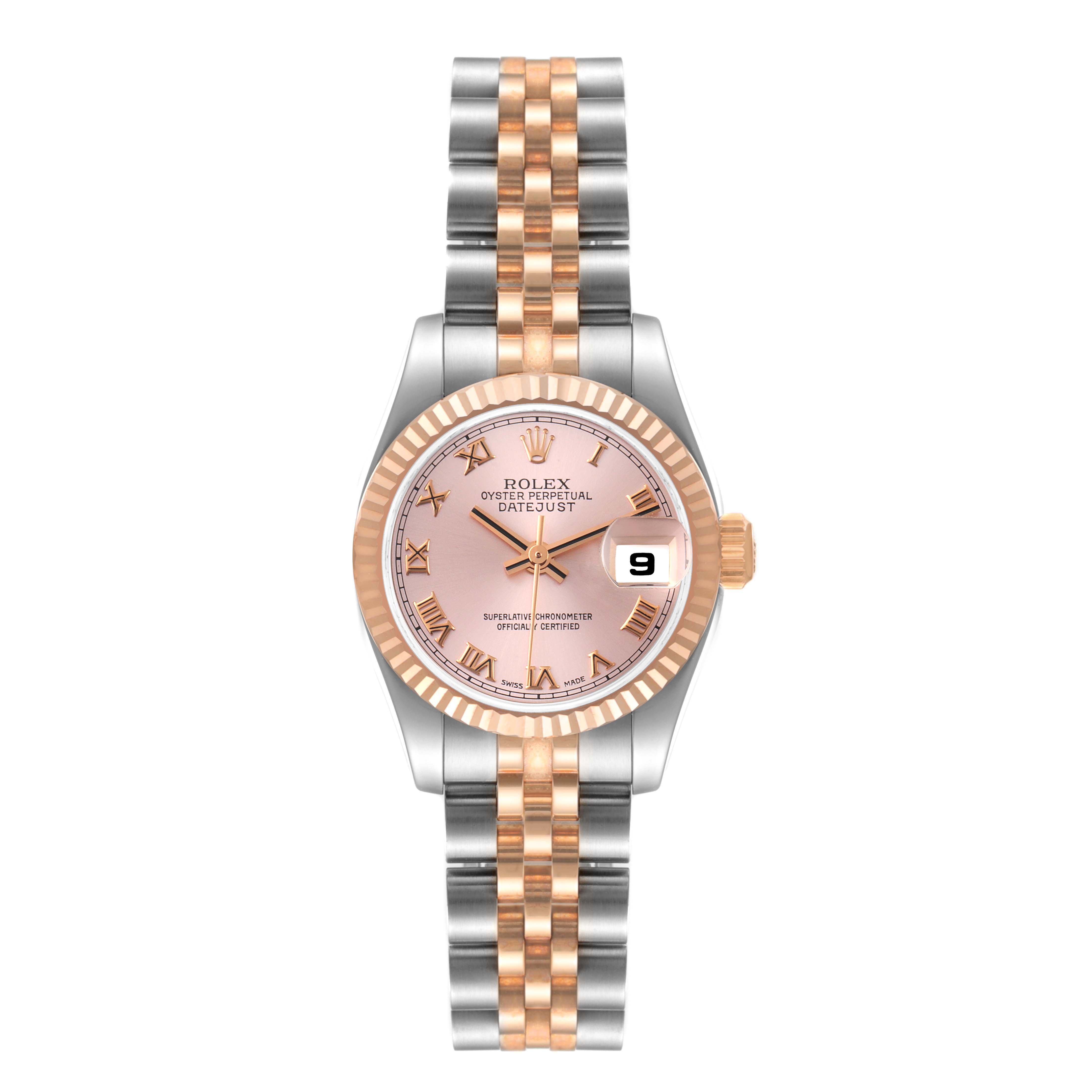 The image shows a front view of a Rolex Datejust 179171 Women's Steel and Gold (two tone) Pink Dial 179171 Women's Steel and Gold (two tone) Pink Dial watch with a rose gold and stainless steel bracelet and a pink dial.