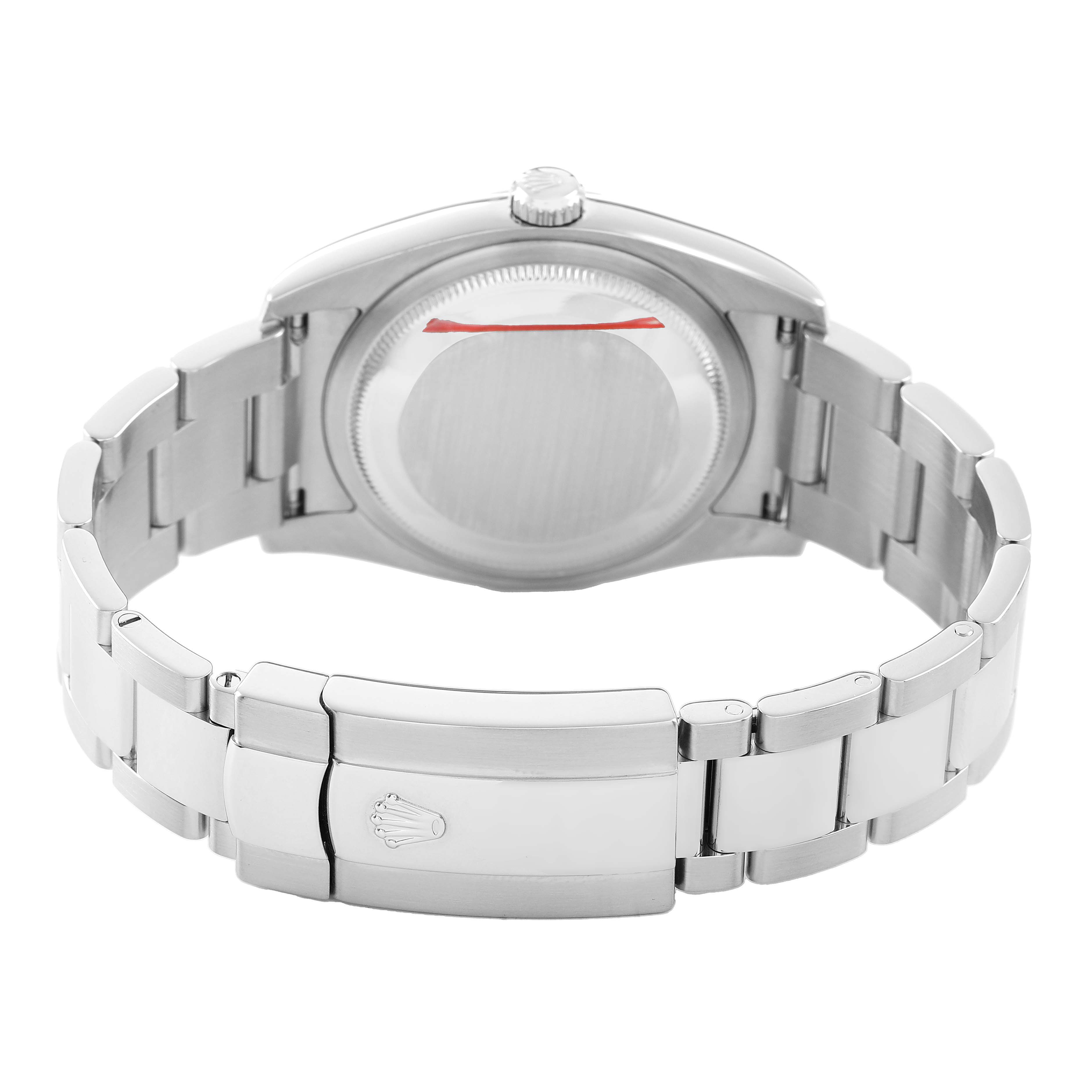 The image shows the back and bracelet of a Rolex Datejust 116200 Men's Stainless Steel Silver Dial, highlighting the clasp and case back.