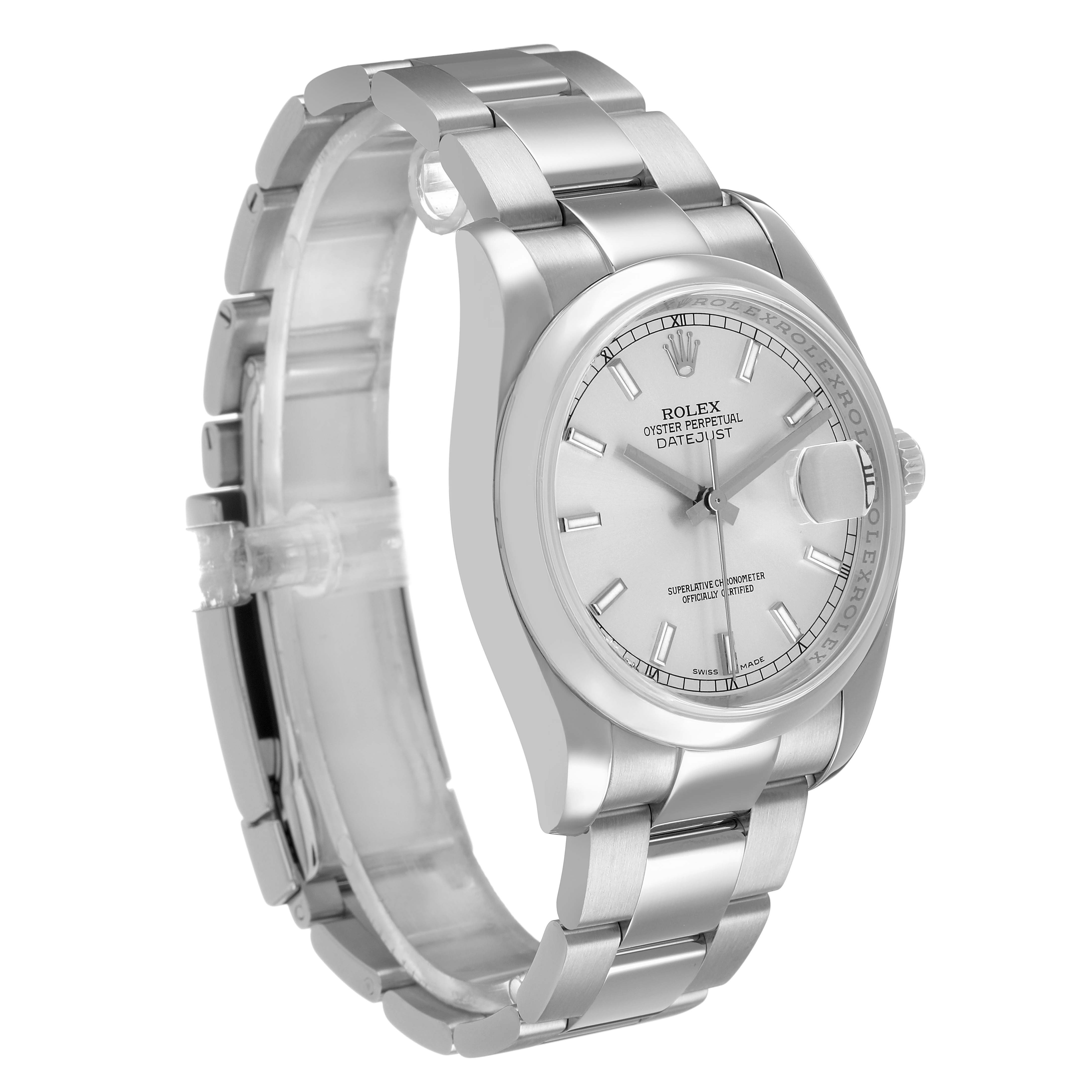 The Rolex Datejust 116200 Men's Stainless Steel Silver Dial watch is shown at a three-quarter angle, highlighting the dial, bezel, and bracelet.