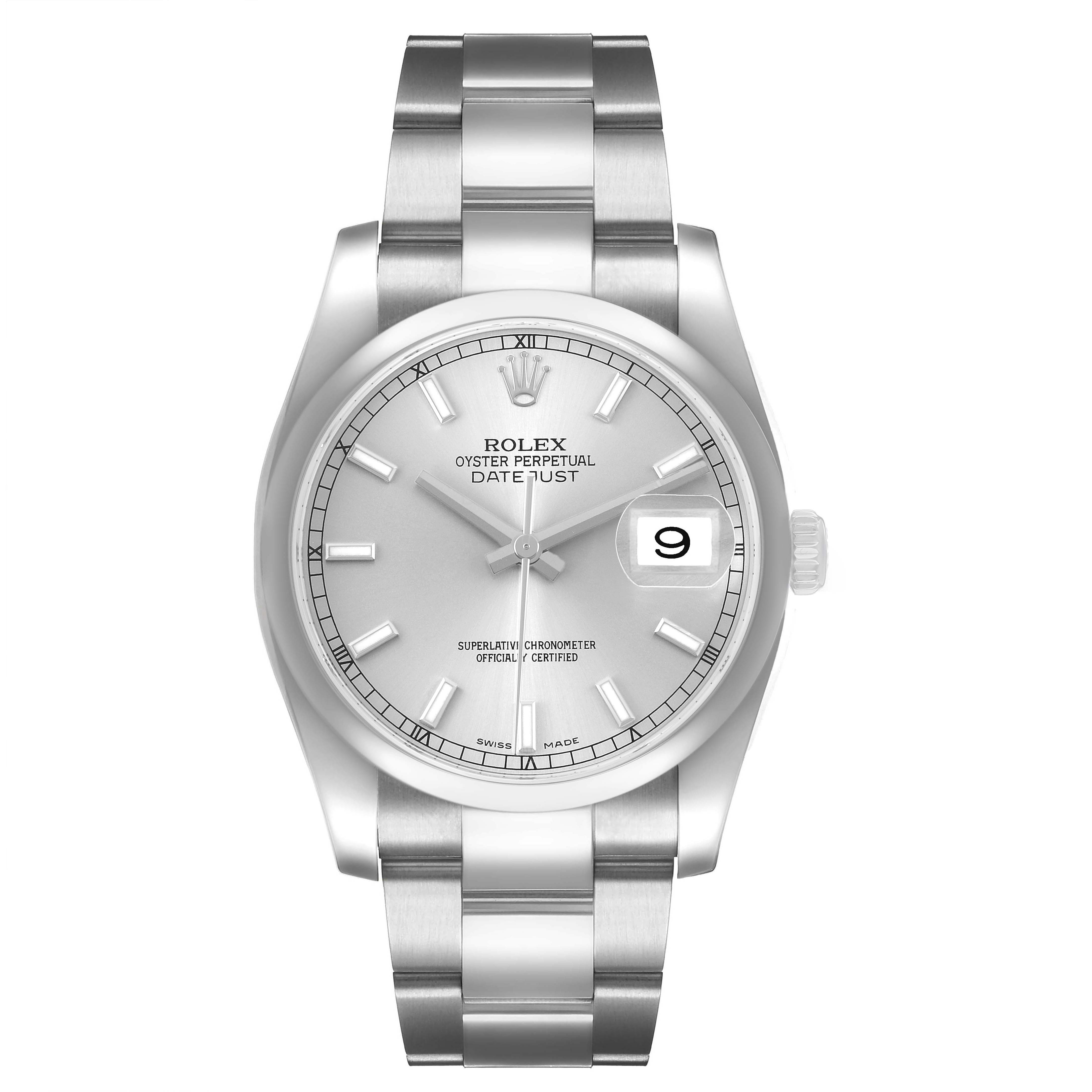 The Rolex Datejust 116200 Men's Stainless Steel Silver Dial watch is shown from a top-down angle, displaying the dial, bezel, bracelet, and date magnifier.