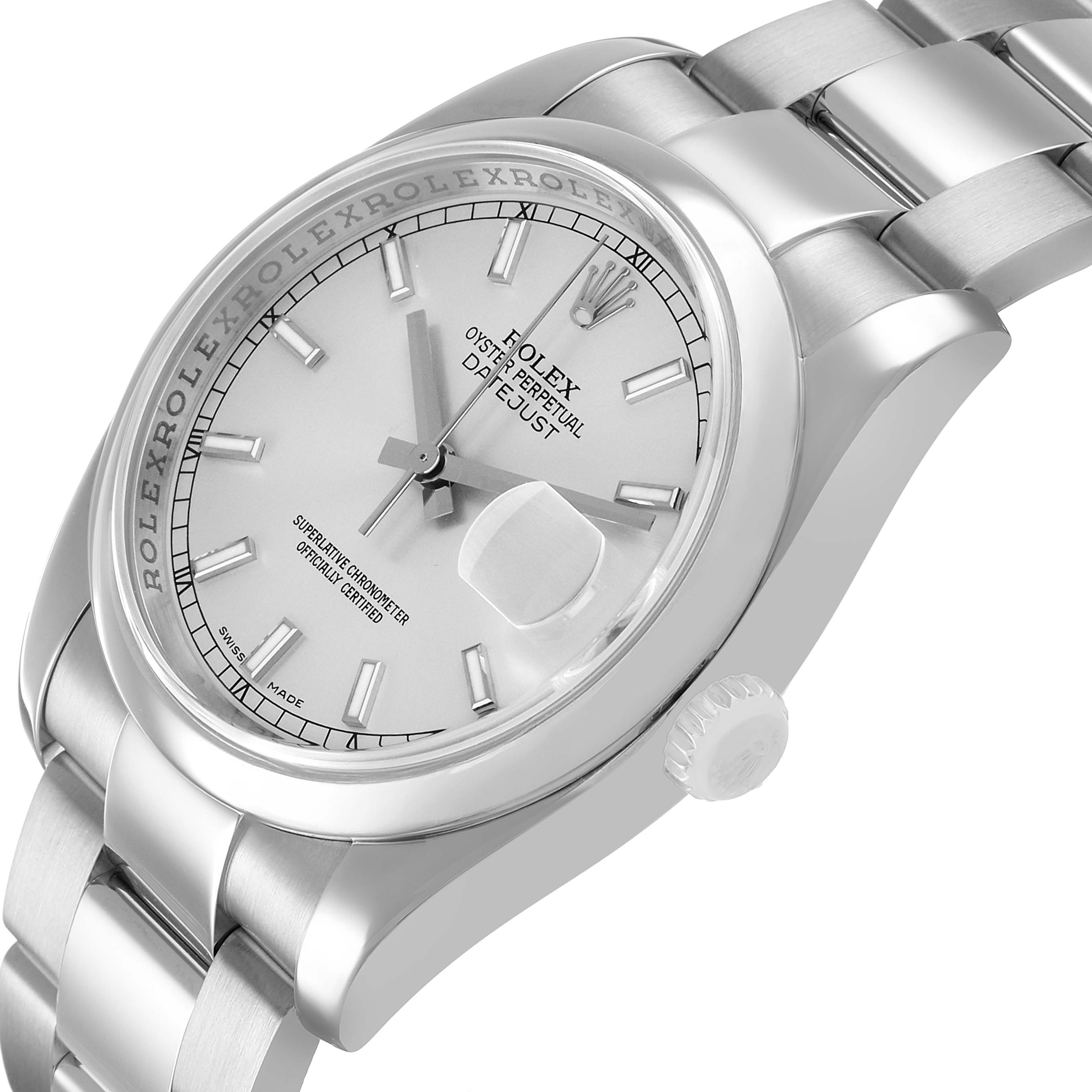 The Rolex Datejust 116200 Men's Stainless Steel Silver Dial watch is shown from a three-quarter angle, highlighting the dial, bracelet, and crown.