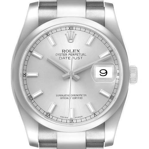 The Rolex Datejust 116200 Men's Stainless Steel Silver Dial watch is shown from a front angle, displaying the face, dial, and date window prominently.