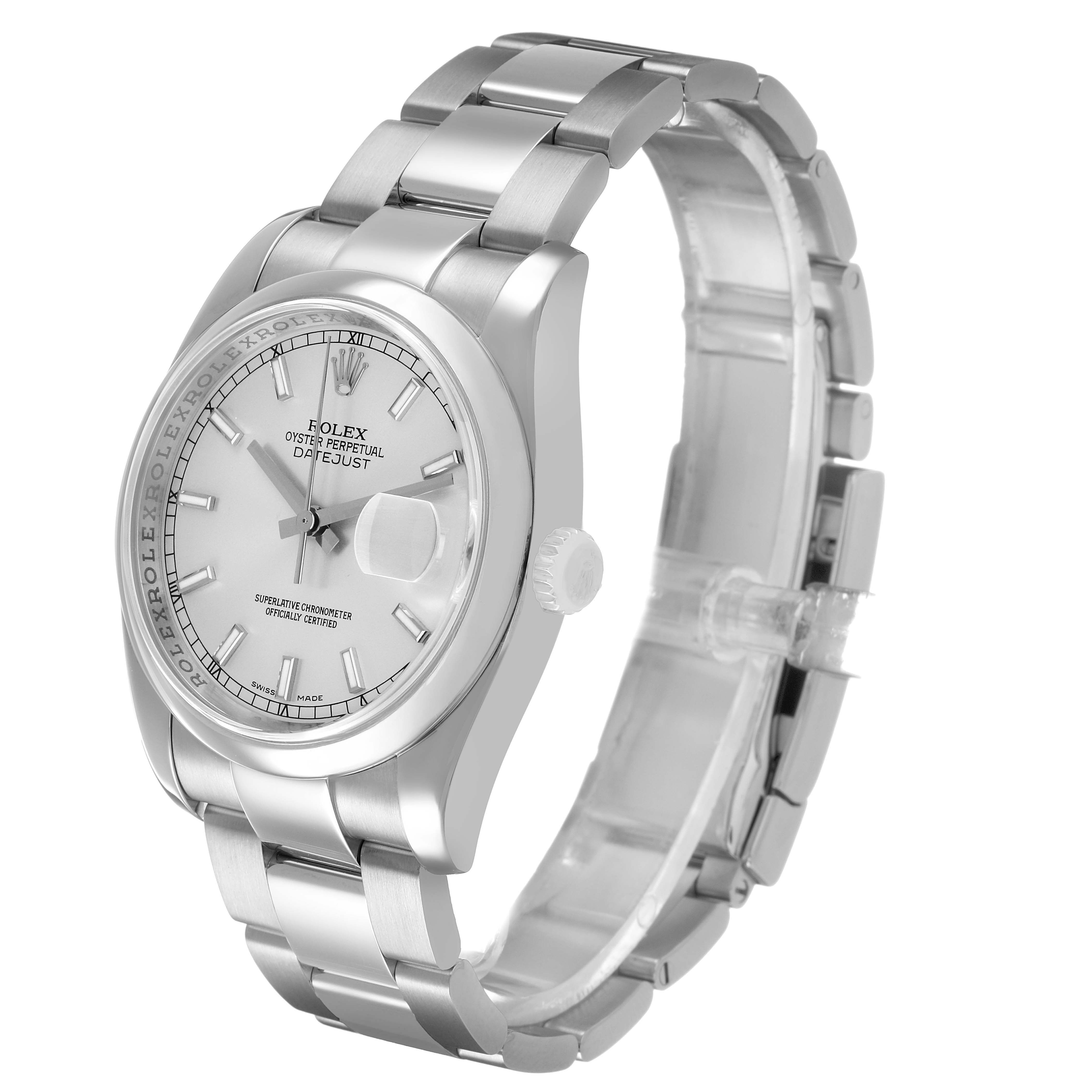 The image shows the Rolex Datejust 116200 Men's Stainless Steel Silver Dial at a three-quarter angle, displaying the face, bracelet, and crown.