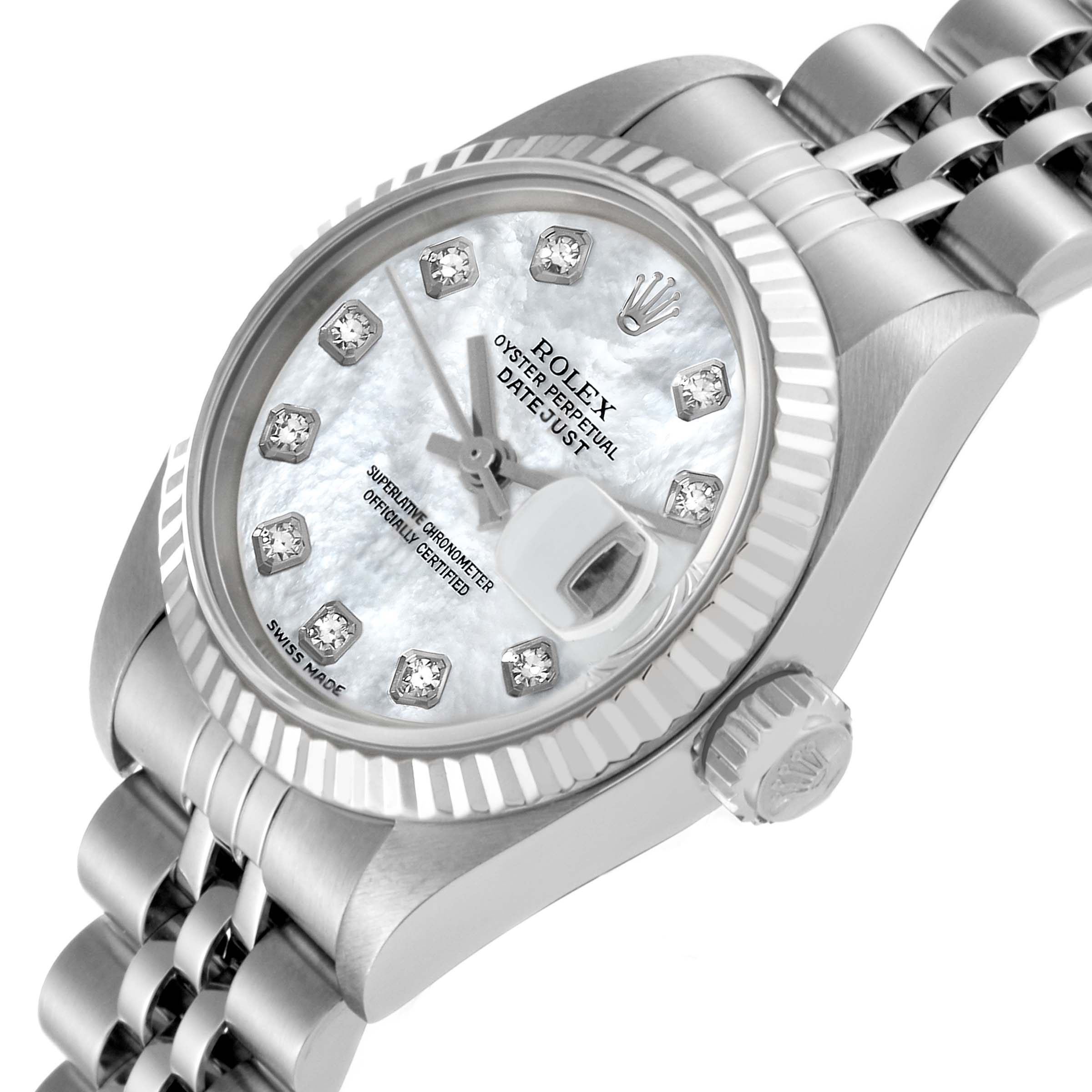 This is a close-up angled view of a Rolex Datejust 79174 Women's Stainless Steel Mother of Pearl Dial 79174 Women's Stainless Steel Mother of Pearl Dial watch showing the dial, bezel, crown, and part of the bracelet.