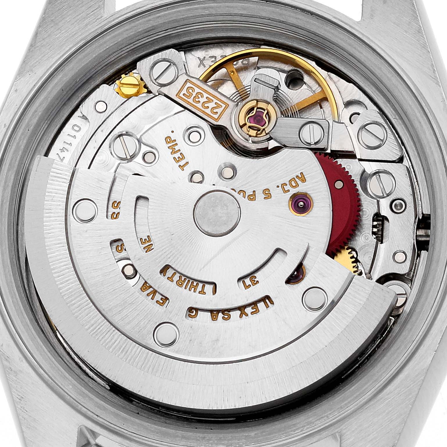 The image shows the intricate internal mechanism (movement) of a Rolex Datejust 79174 Women's Stainless Steel Mother of Pearl Dial 79174 Women's Stainless Steel Mother of Pearl Dial watch viewed from the back.