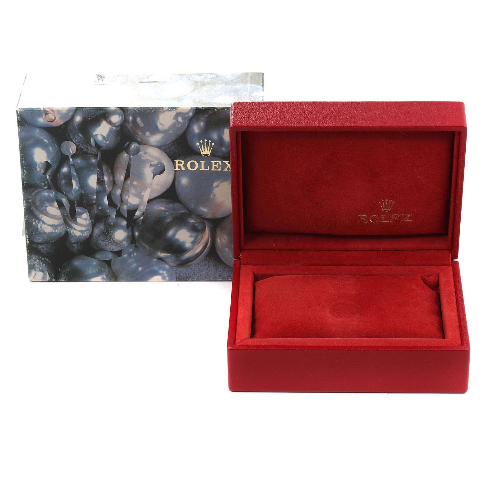 The image shows a rectangular Rolex Datejust 79174 Women's Stainless Steel Mother of Pearl Dial 79174 Women's Stainless Steel Mother of Pearl Dial watch box with a red interior and exterior, alongside a decorative outer sleeve.