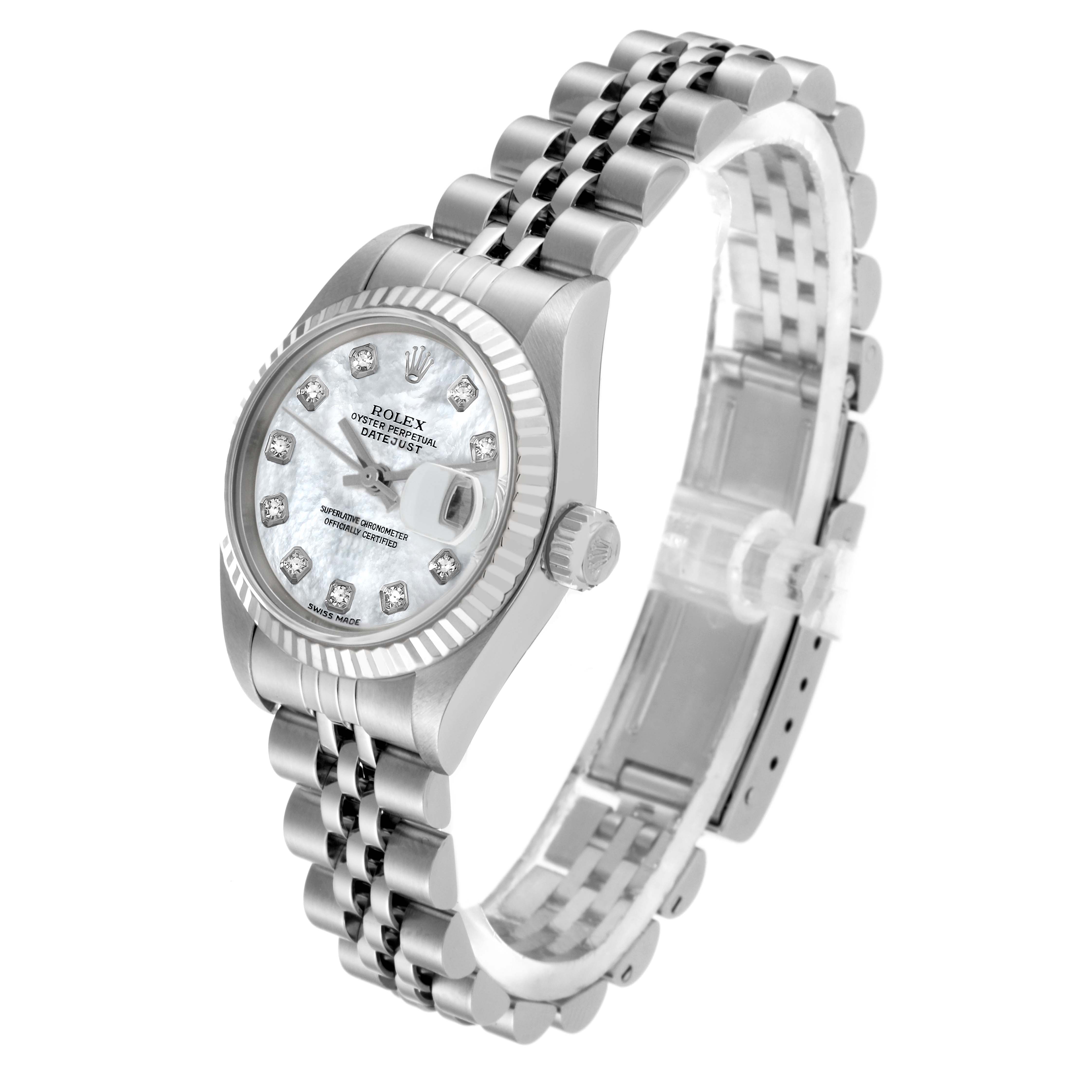 This image shows a Rolex Datejust 79174 Women's Stainless Steel Mother of Pearl Dial 79174 Women's Stainless Steel Mother of Pearl Dial watch at a slight side angle, displaying the dial, bezel, crown, and bracelet.
