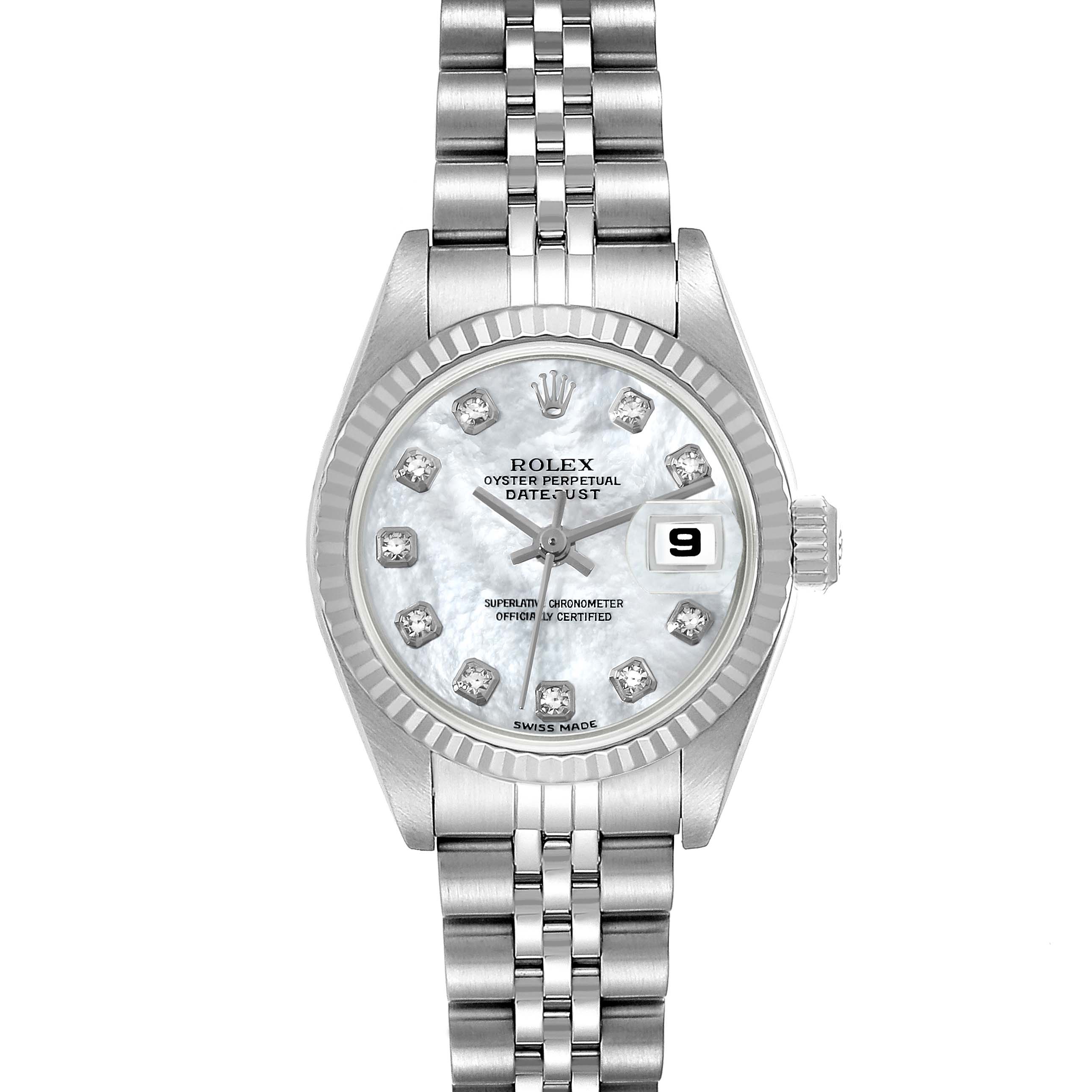 This image shows a front view of a Rolex Datejust 79174 Women's Stainless Steel Mother of Pearl Dial 79174 Women's Stainless Steel Mother of Pearl Dial watch, highlighting its dial, bezel, crown, and bracelet.