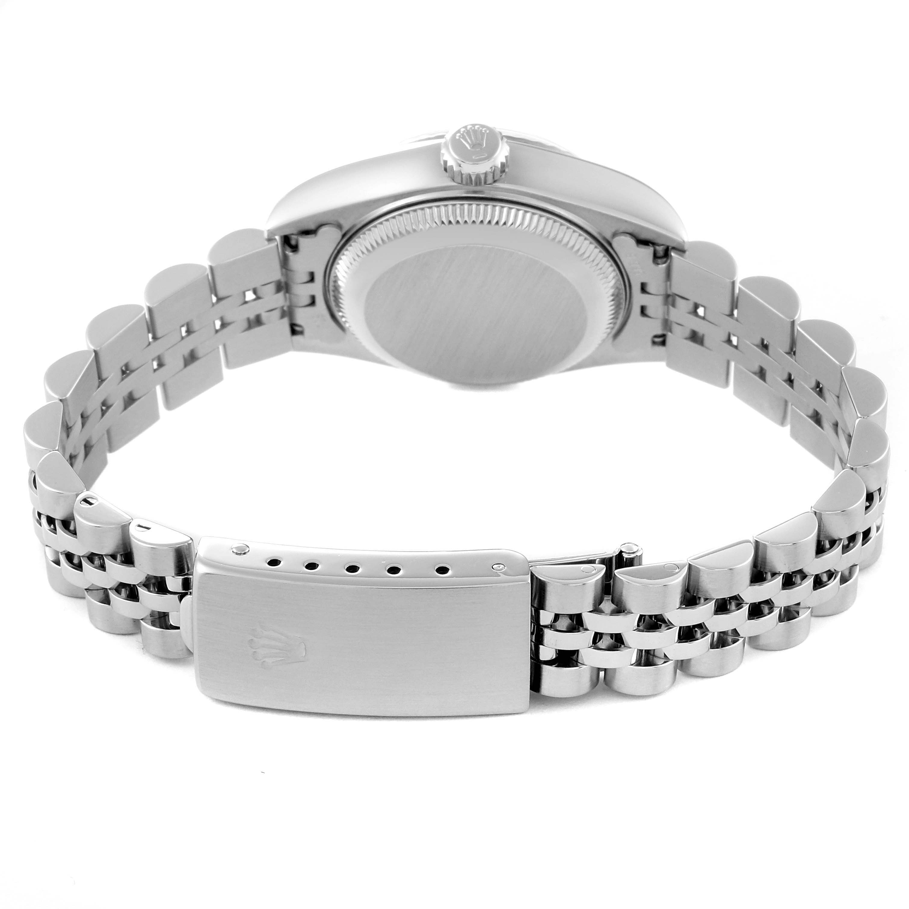 This image shows the back view of a Rolex Datejust 79174 Women's Stainless Steel Mother of Pearl Dial 79174 Women's Stainless Steel Mother of Pearl Dial watch, highlighting the case back, crown, and bracelet clasp.