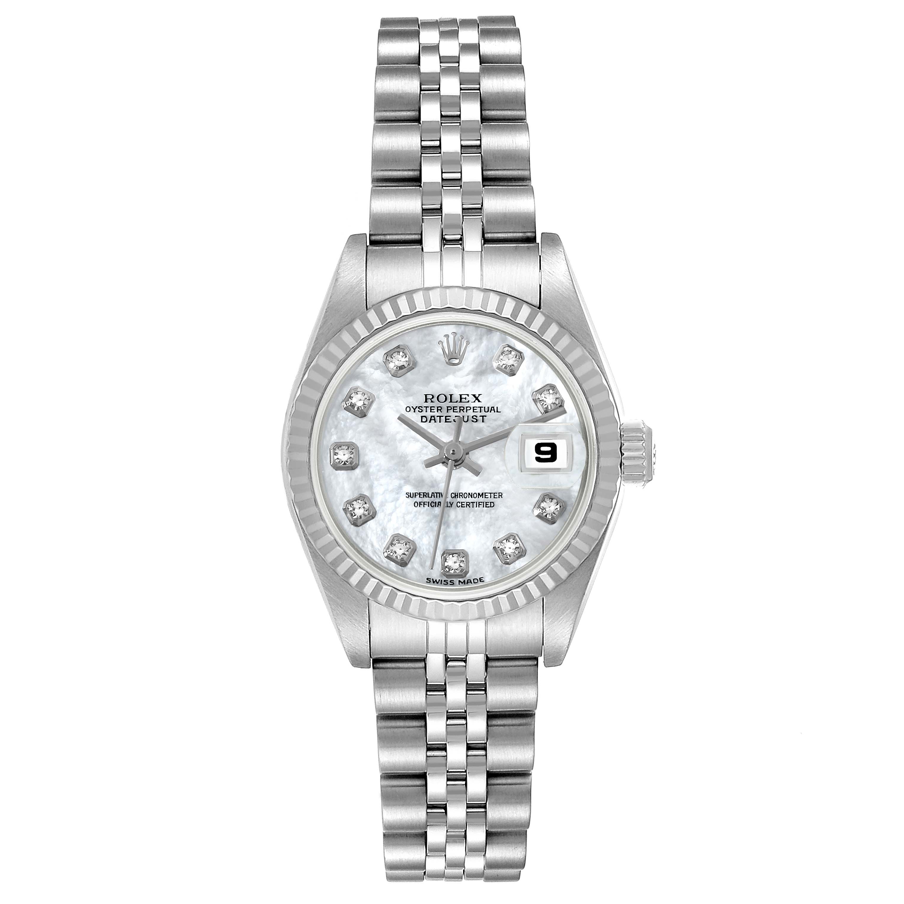 The Rolex Datejust 79174 Women's Stainless Steel Mother of Pearl Dial 79174 Women's Stainless Steel Mother of Pearl Dial watch is shown from a top-down angle, displaying its full face, bezel, and bracelet.