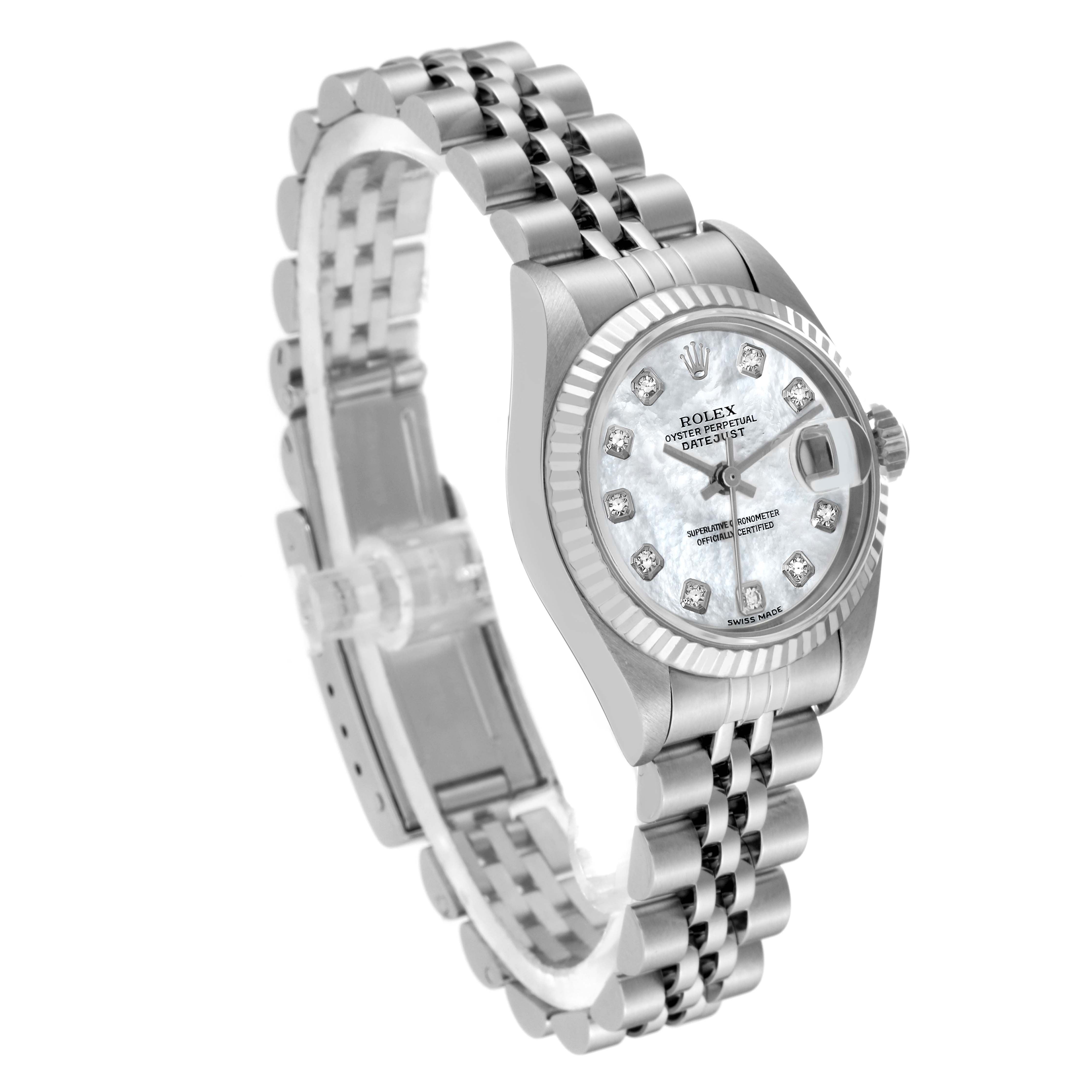 The Rolex Datejust 79174 Women's Stainless Steel Mother of Pearl Dial 79174 Women's Stainless Steel Mother of Pearl Dial watch is shown from an angled side view, displaying the dial, bezel, case, and bracelet.