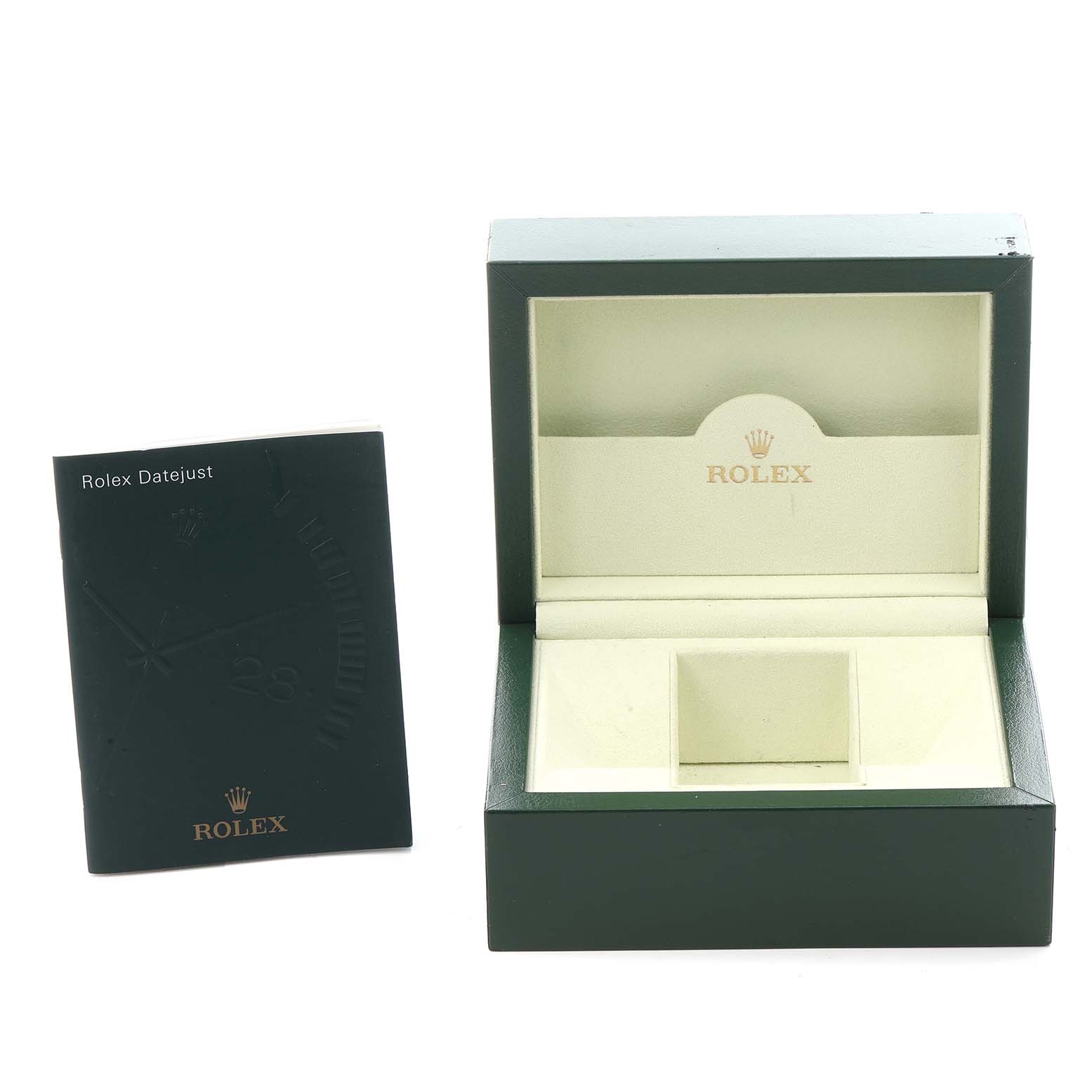 The image shows a Rolex Datejust 116234 Men's Stainless Steel White Dial 116234 Men's Stainless Steel White Dial watch box and its booklet, focused on the front view of both.