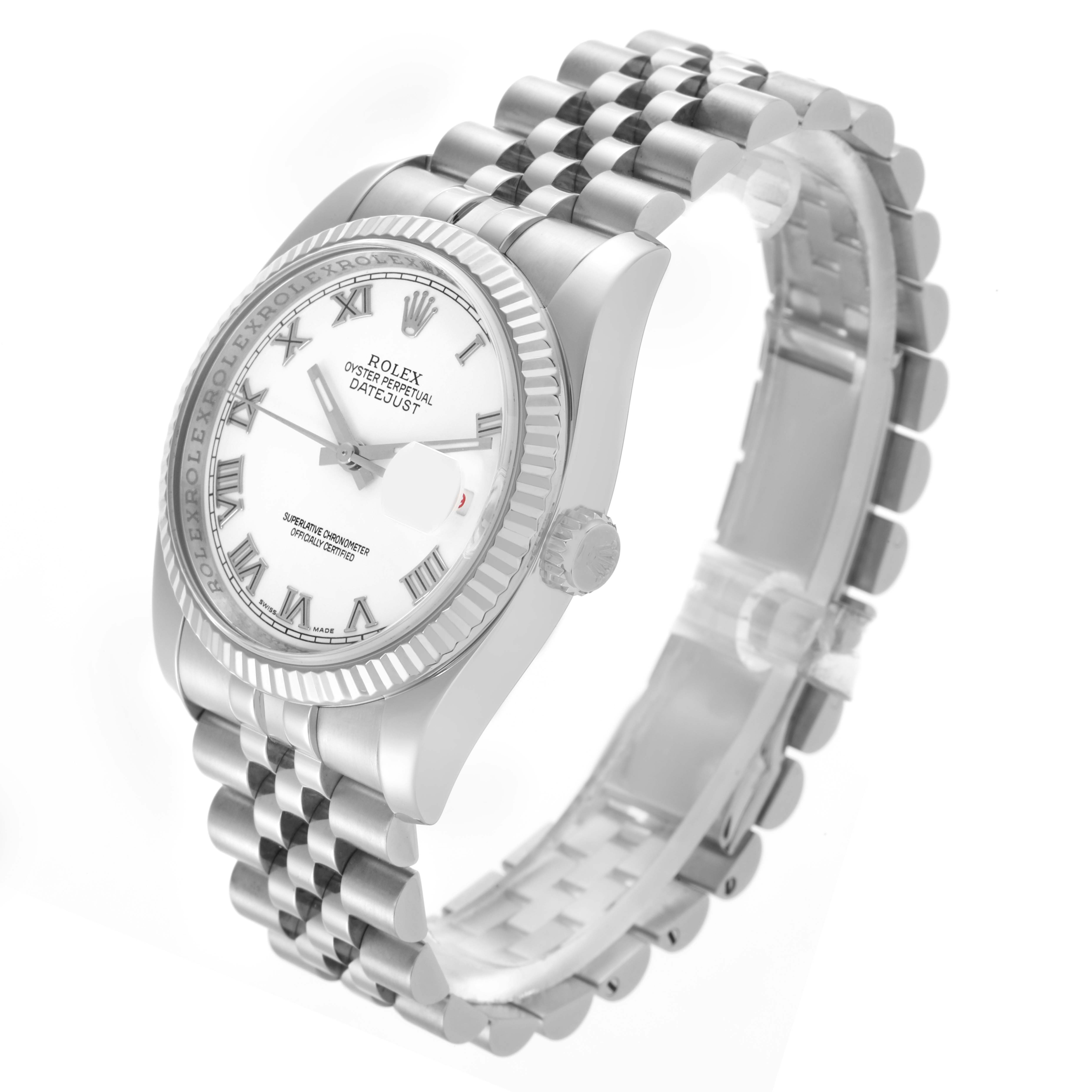 The Rolex Datejust 116234 Men's Stainless Steel White Dial 116234 Men's Stainless Steel White Dial watch is shown at an angled view, displaying the face, bezel, crown, and part of the bracelet.