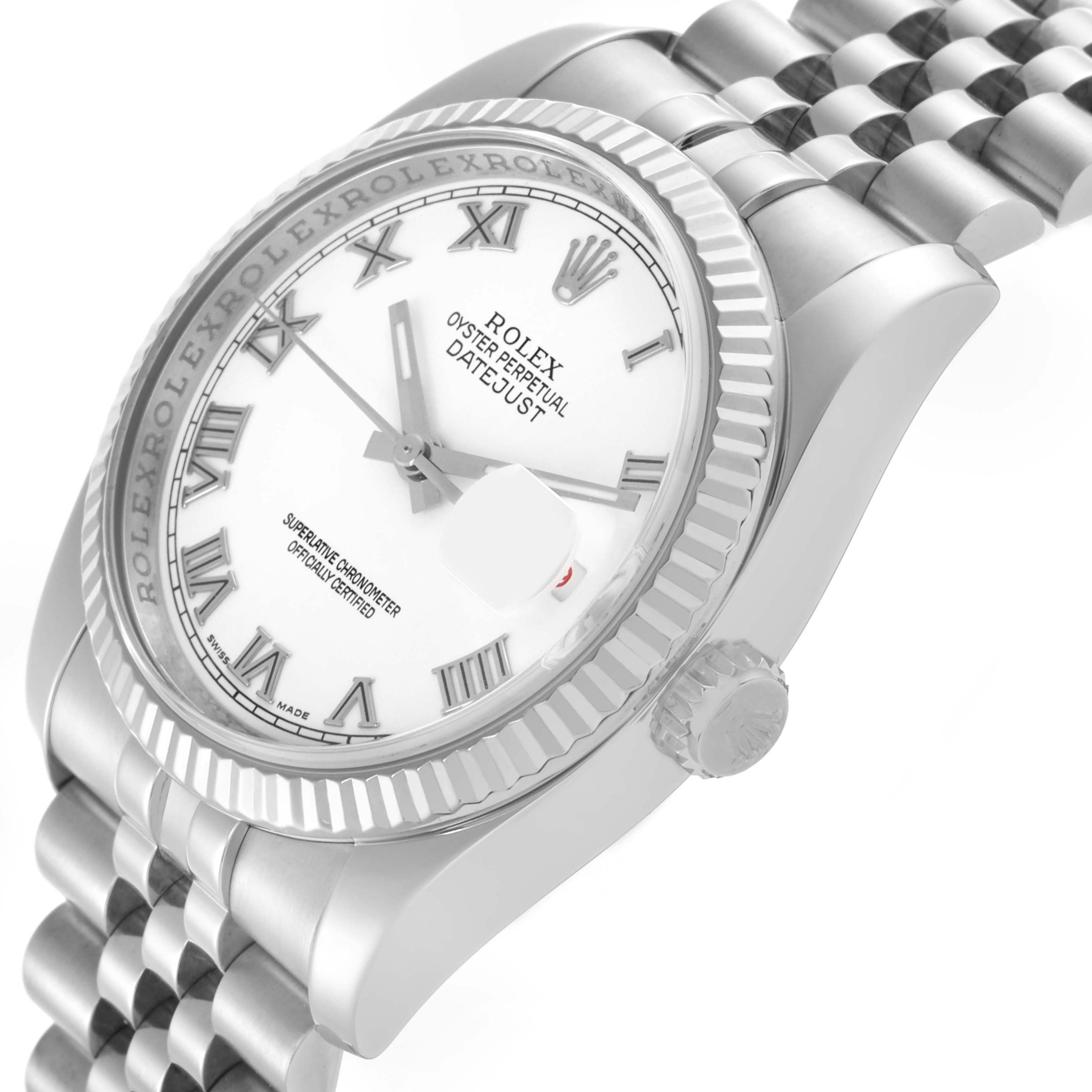 The Rolex Datejust 116234 Men's Stainless Steel White Dial 116234 Men's Stainless Steel White Dial watch is shown from an angled side view, highlighting the face, bezel, crown, and bracelet.