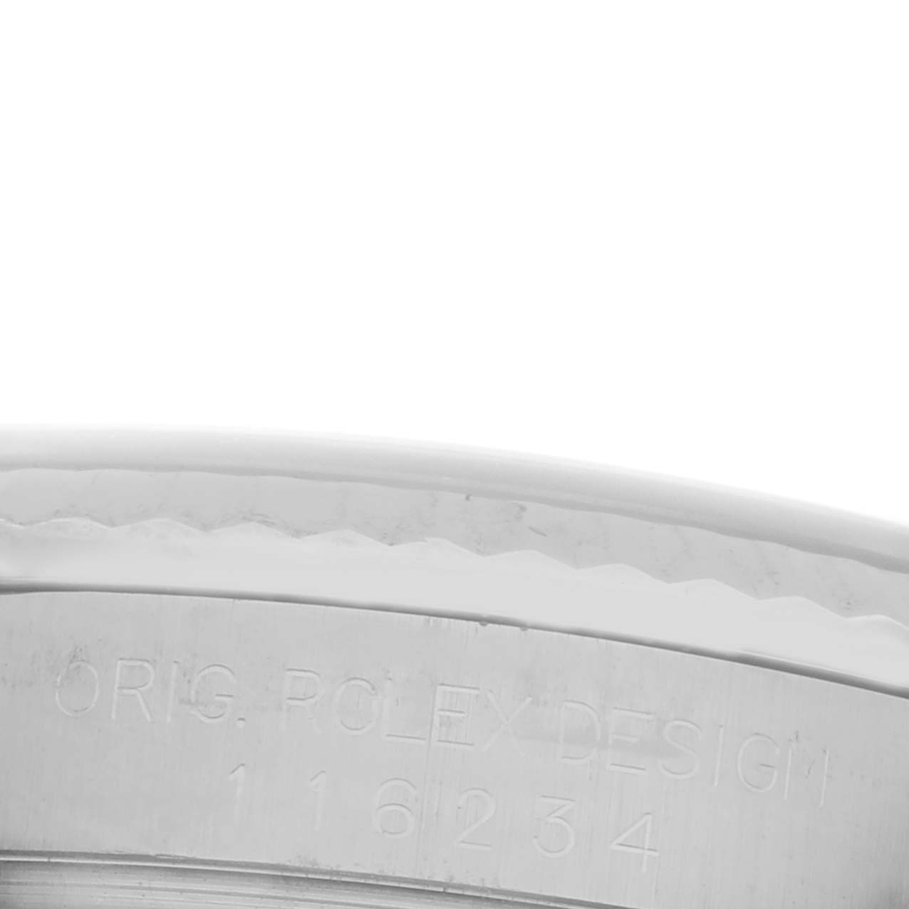 The image shows a close-up of the engraved case side of a Rolex Datejust 116234 Men's Stainless Steel White Dial 116234 Men's Stainless Steel White Dial, highlighting the model number.