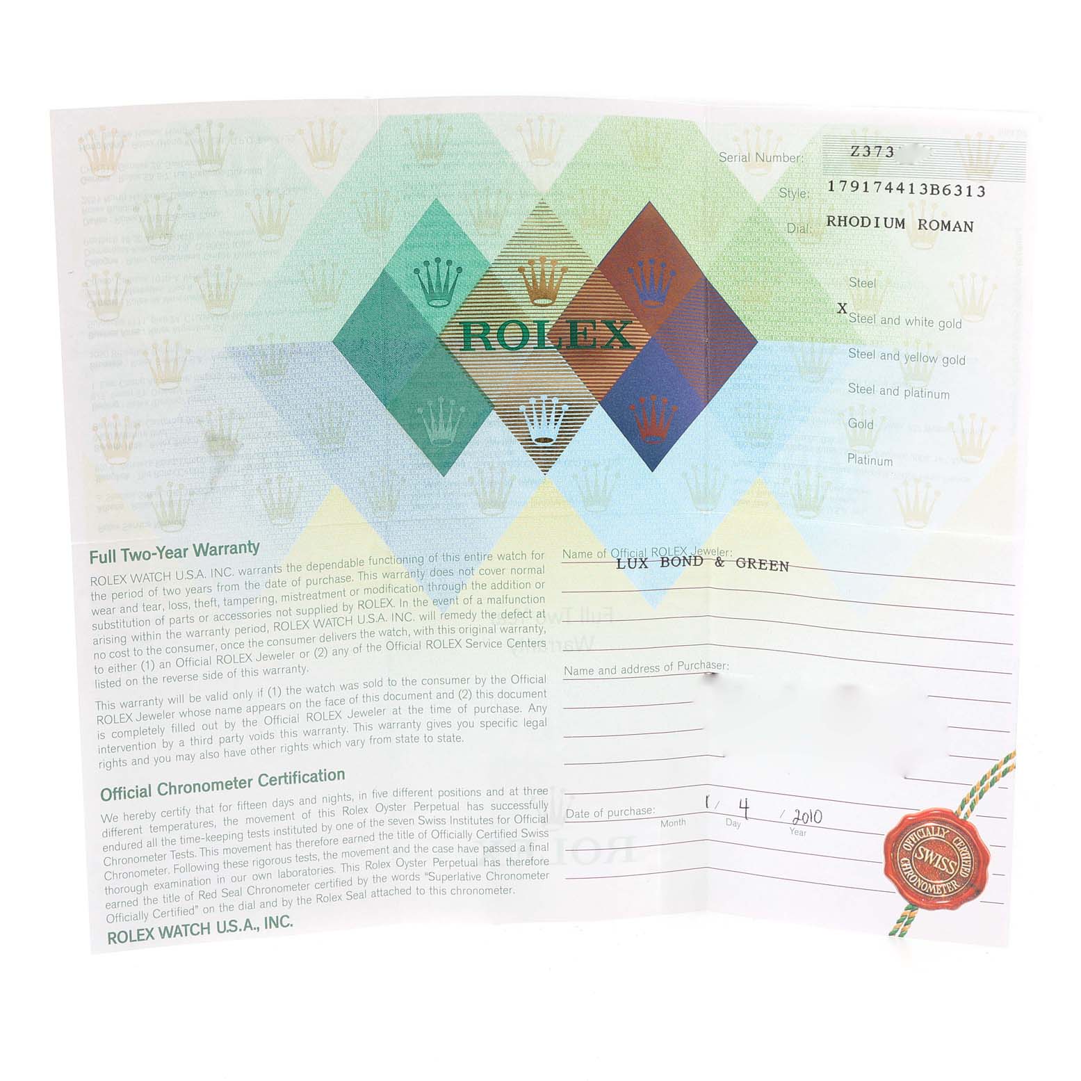 The image shows a warranty and certification card for the Rolex Datejust 179174 Women's Stainless Steel Silver Dial 179174 Women's Stainless Steel Silver Dial model from a frontal angle.