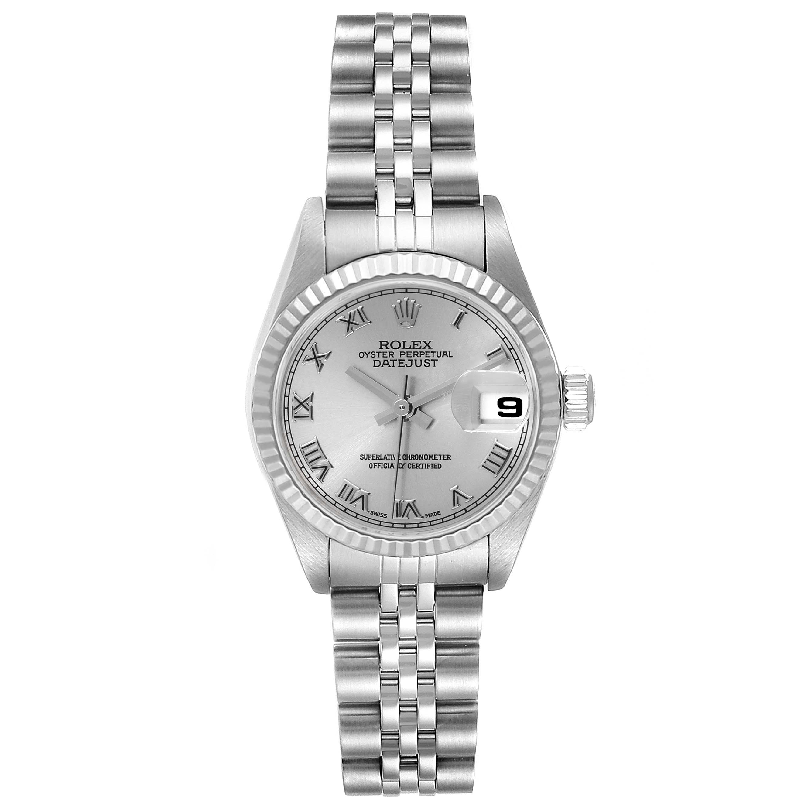 The image shows a frontal view of a Rolex Datejust 179174 Women's Stainless Steel Silver Dial 179174 Women's Stainless Steel Silver Dial watch, displaying the dial, bezel, crown, and bracelet.