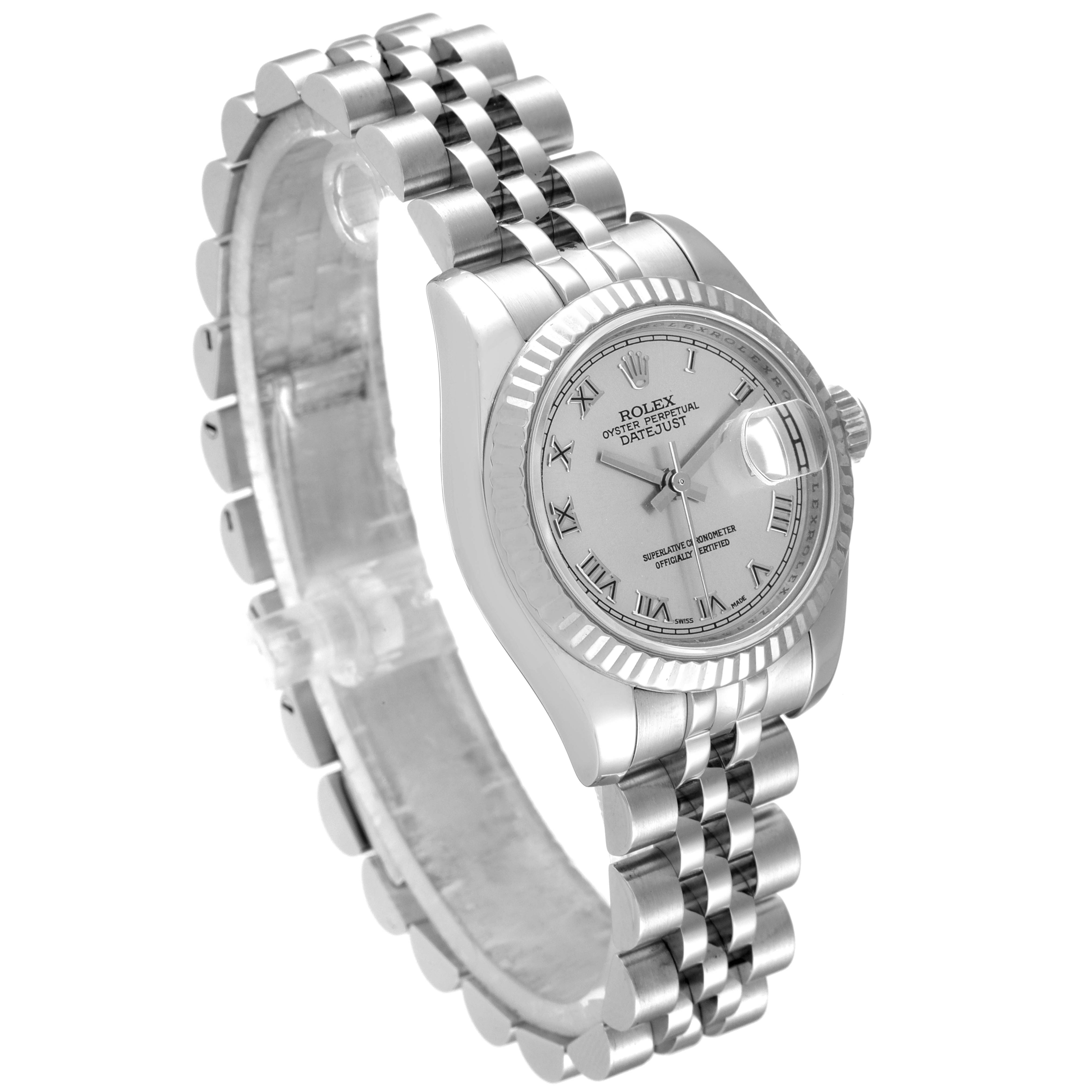 This image shows a Rolex Datejust 179174 Women's Stainless Steel Silver Dial 179174 Women's Stainless Steel Silver Dial watch at a three-quarter angle, displaying the bracelet, dial, and fluted bezel.