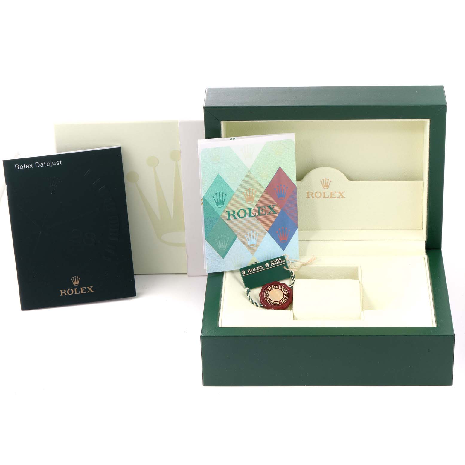 The image shows the packaging and accessories of a Rolex Datejust 179174 Women's Stainless Steel Silver Dial 179174 Women's Stainless Steel Silver Dial watch, including a box, booklets, and tag.