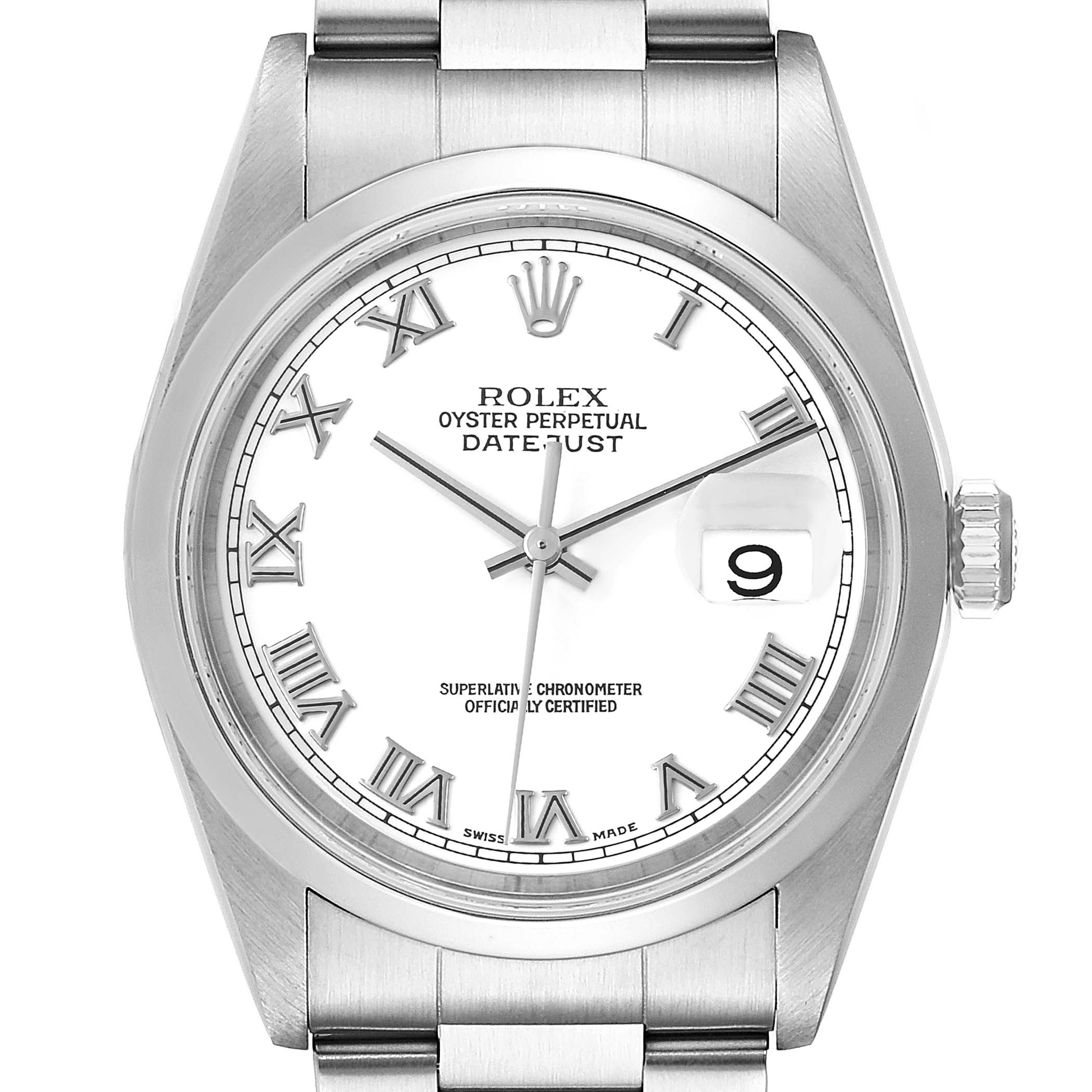 The Rolex Datejust 16200 Men's Stainless Steel White Dial watch is shown from a front angle, highlighting the dial, bezel, crown, and part of the bracelet.