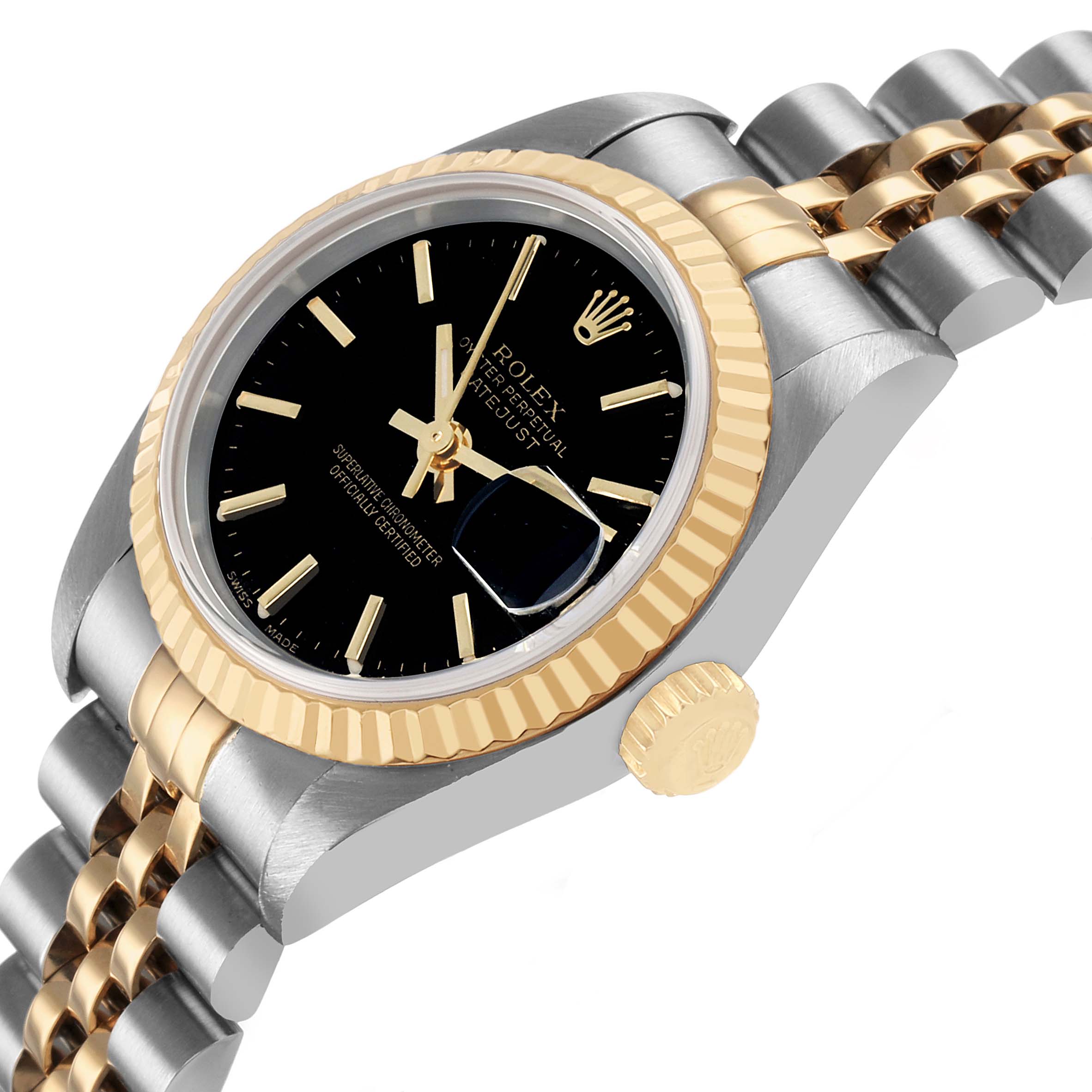 The Rolex Datejust 79173 Women's Steel and Gold (two tone) Black Dial watch is shown at an angle highlighting the black dial, gold fluted bezel, and two-tone Jubilee bracelet.