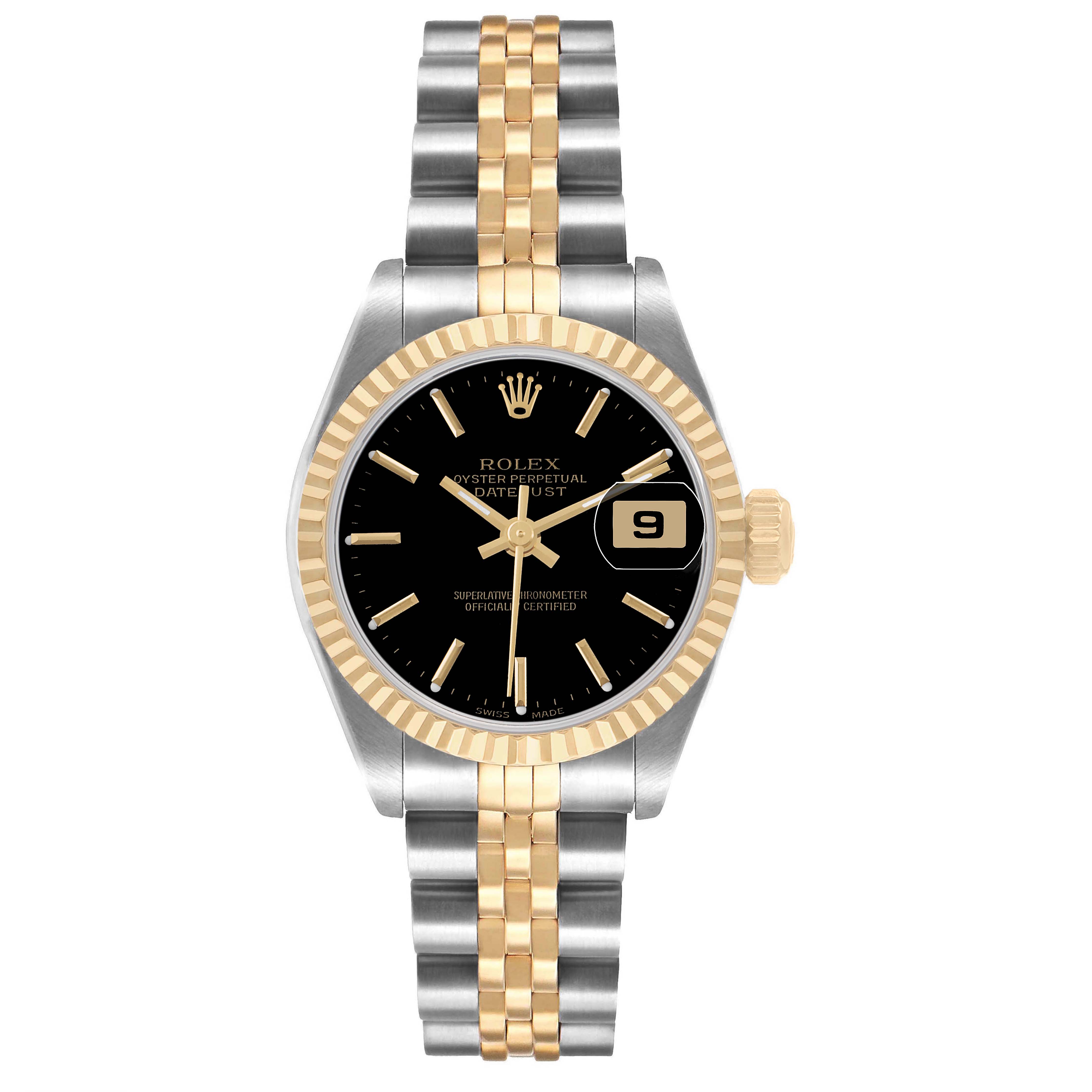 The Rolex Datejust 79173 Women's Steel and Gold (two tone) Black Dial watch is shown from the front, displaying the dial, bezel, bracelet, and crown.