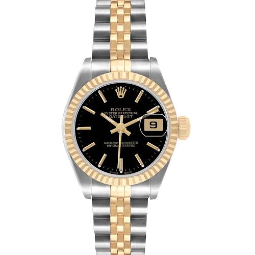 The Rolex Datejust 79173 Women's Steel and Gold (two tone) Black Dial watch is shown from the front, displaying the dial, bezel, case, crown, and bracelet.
