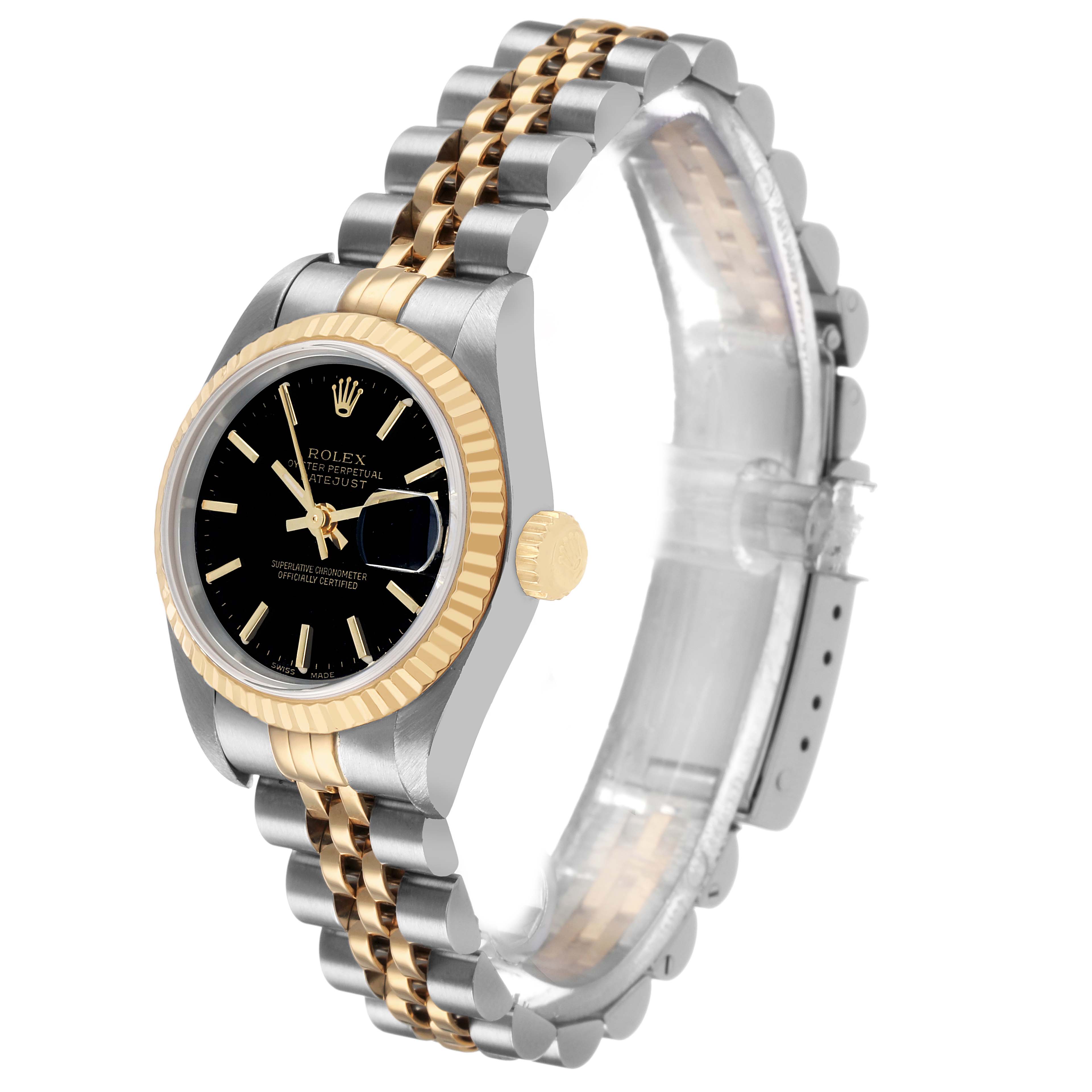 The Rolex Datejust 79173 Women's Steel and Gold (two tone) Black Dial watch is shown at a three-quarter angle, highlighting the face, bezel, and Jubilee bracelet.