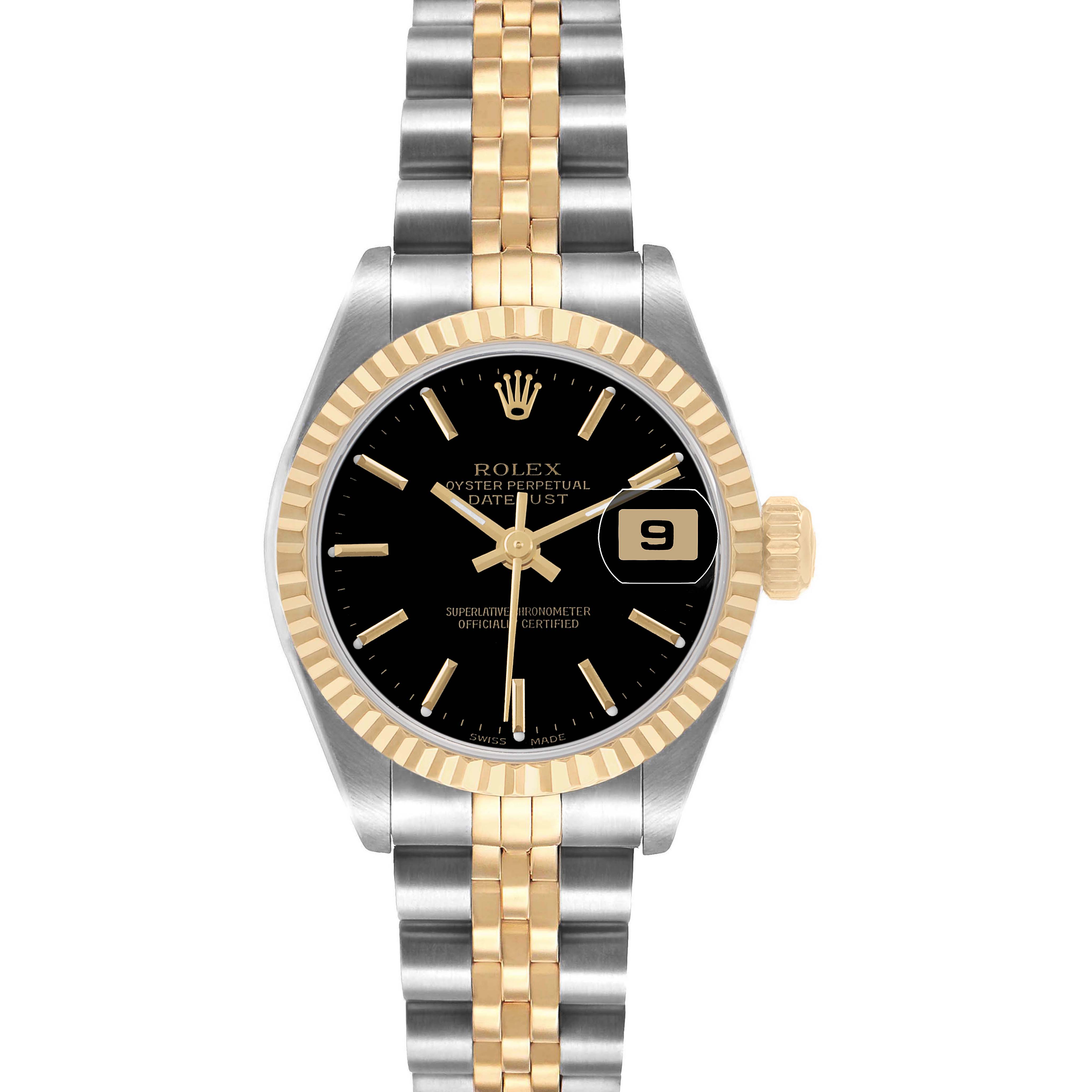 The Rolex Datejust 79173 Women's Steel and Gold (two tone) Black Dial watch is shown from a front angle, highlighting its black dial, gold fluted bezel, and two-tone bracelet.