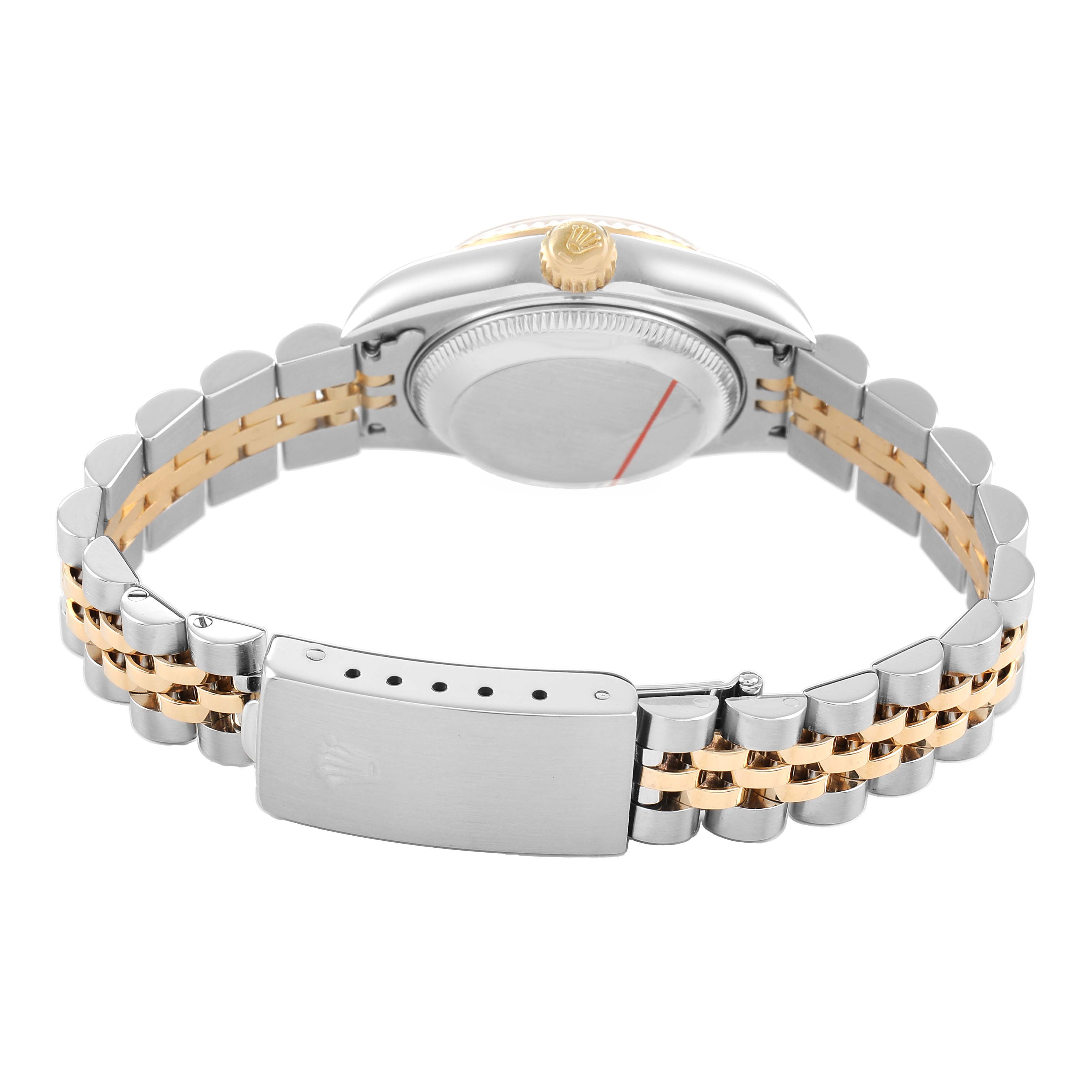 The image shows the Rolex Datejust 79173 Women's Steel and Gold (two tone) Black Dial watch from a rear angle, highlighting the bracelet and clasp.