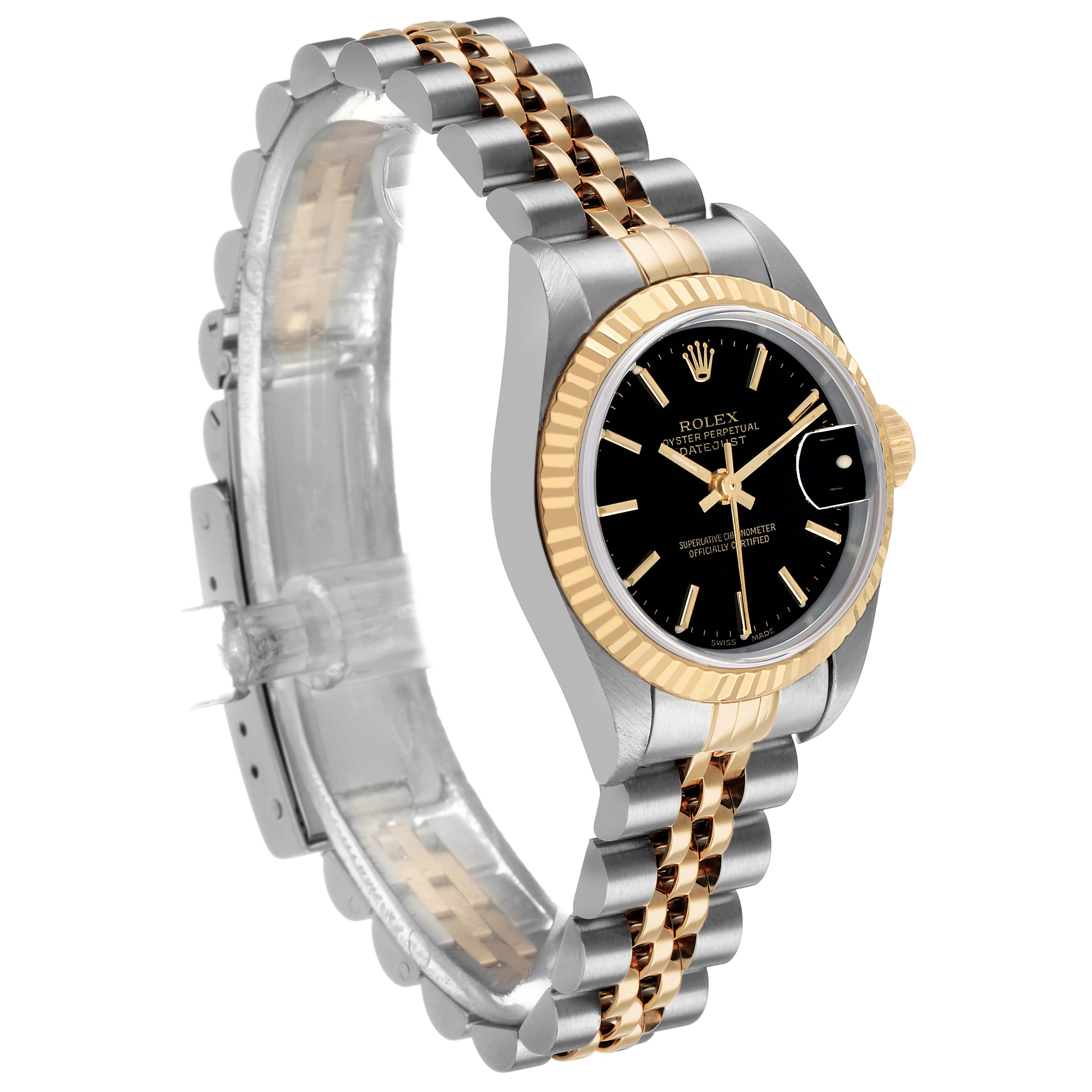 The Rolex Datejust 79173 Women's Steel and Gold (two tone) Black Dial watch is shown at a three-quarter angle, highlighting the two-tone bracelet and fluted bezel.