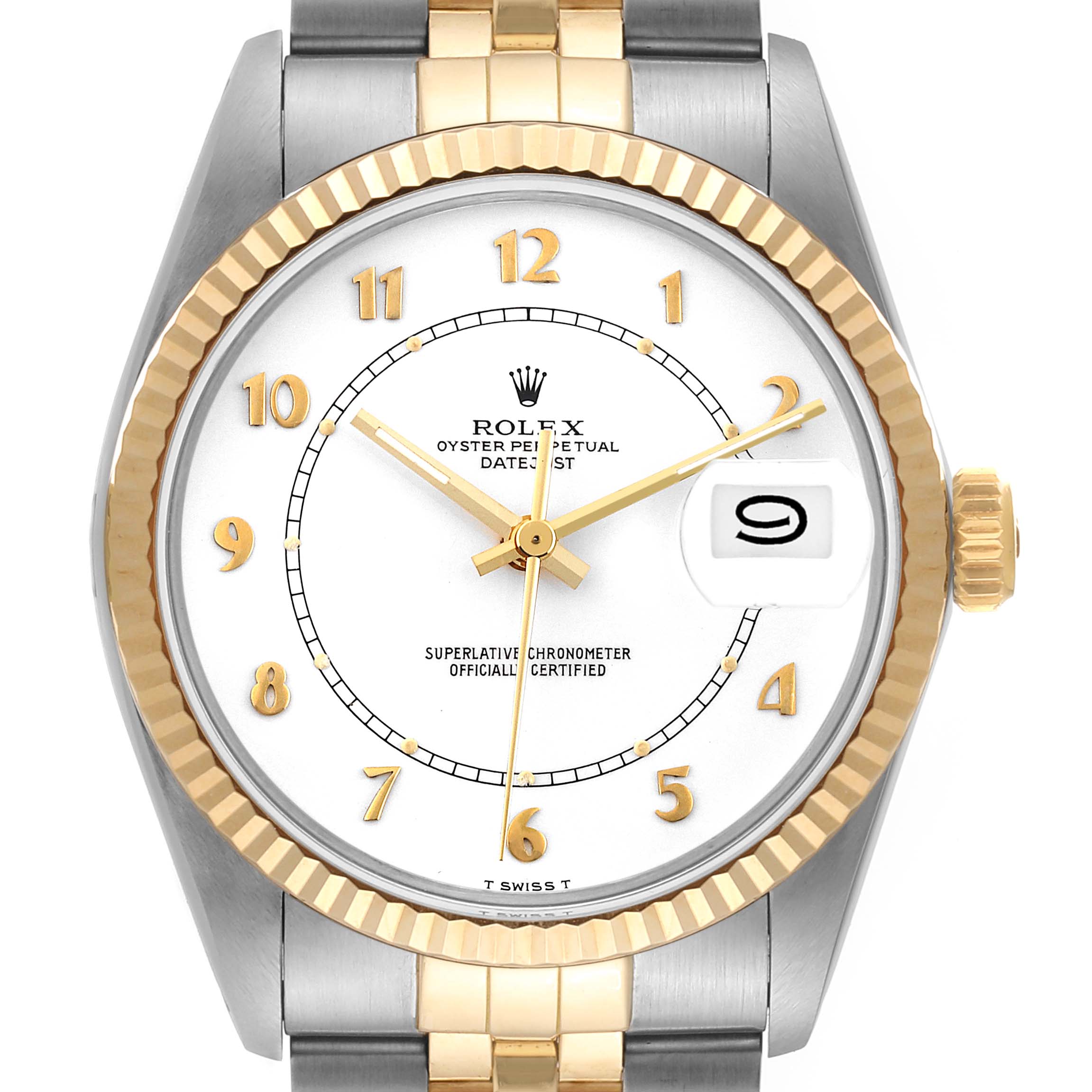 This image shows a frontal view of the Rolex Vintage Collection 16013 Men's Steel and Gold (two tone) White Dial 16013 Men's Steel and Gold (two tone) White Dial model watch, featuring the dial, hands, bezel, and part of the bracelet.