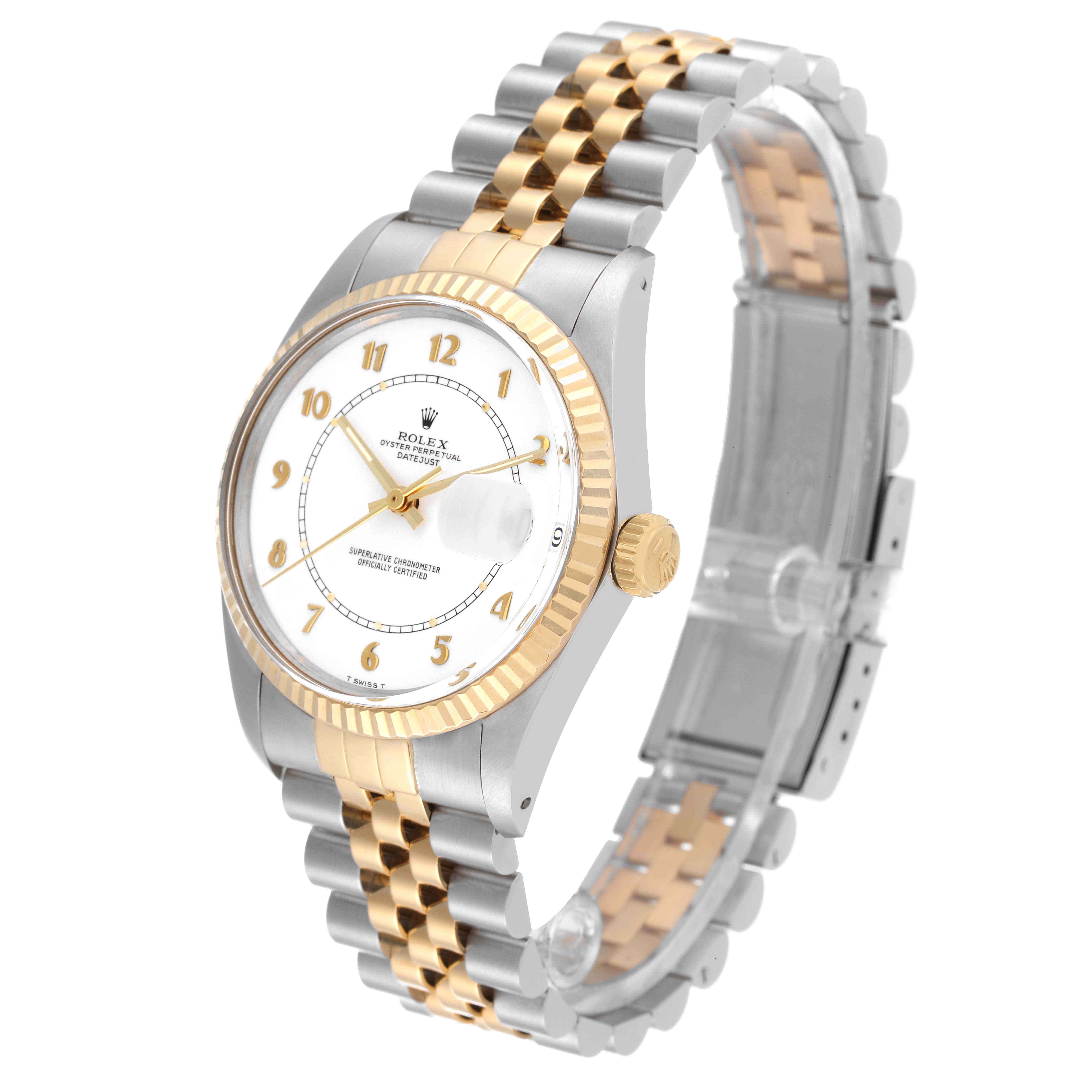 The image shows a Rolex Vintage Collection 16013 Men's Steel and Gold (two tone) White Dial 16013 Men's Steel and Gold (two tone) White Dial watch from a slight angle, highlighting the face, bezel, and two-tone bracelet.