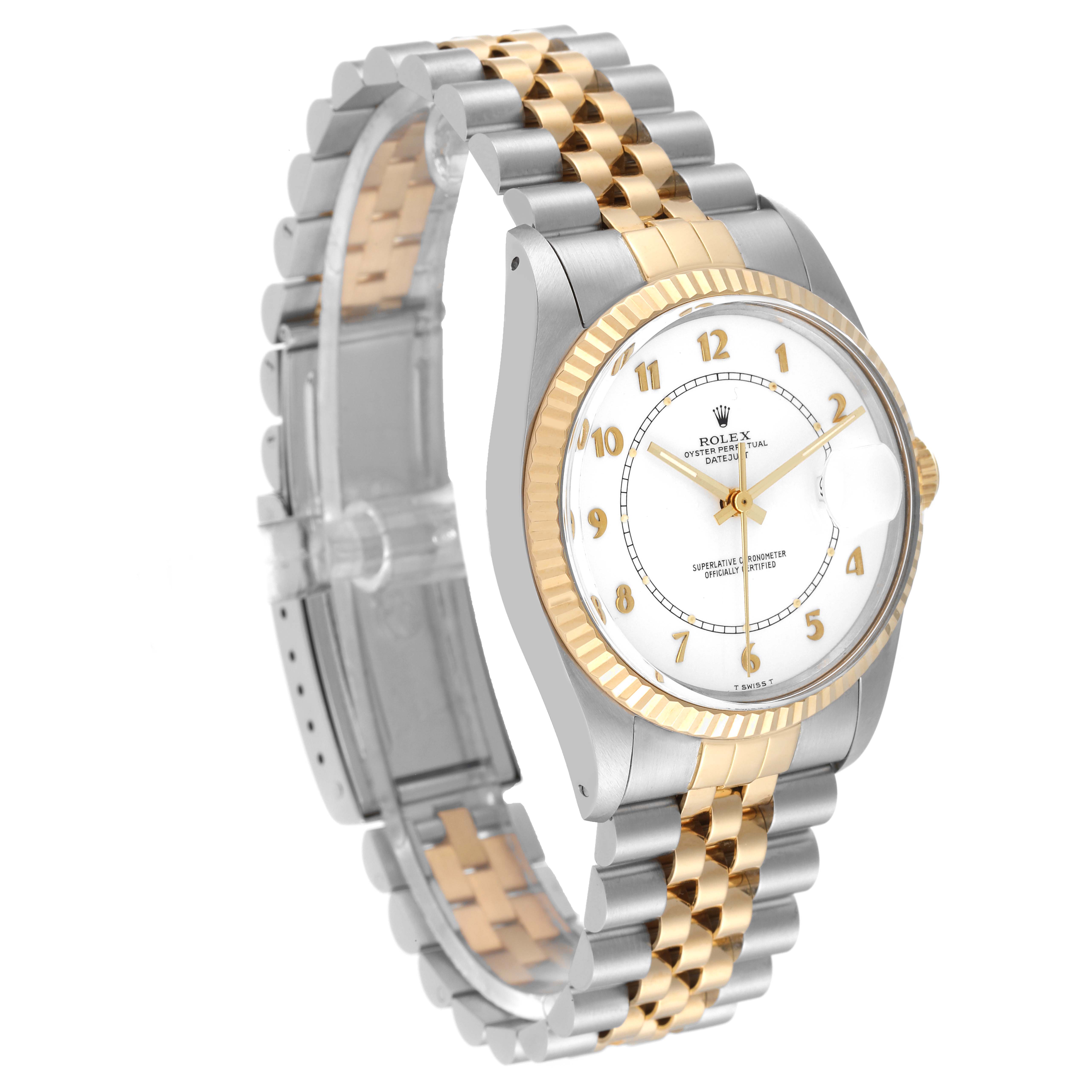The Rolex Vintage Collection 16013 Men's Steel and Gold (two tone) White Dial 16013 Men's Steel and Gold (two tone) White Dial watch is shown at a three-quarter angle highlighting its face, bezel, and two-tone bracelet.