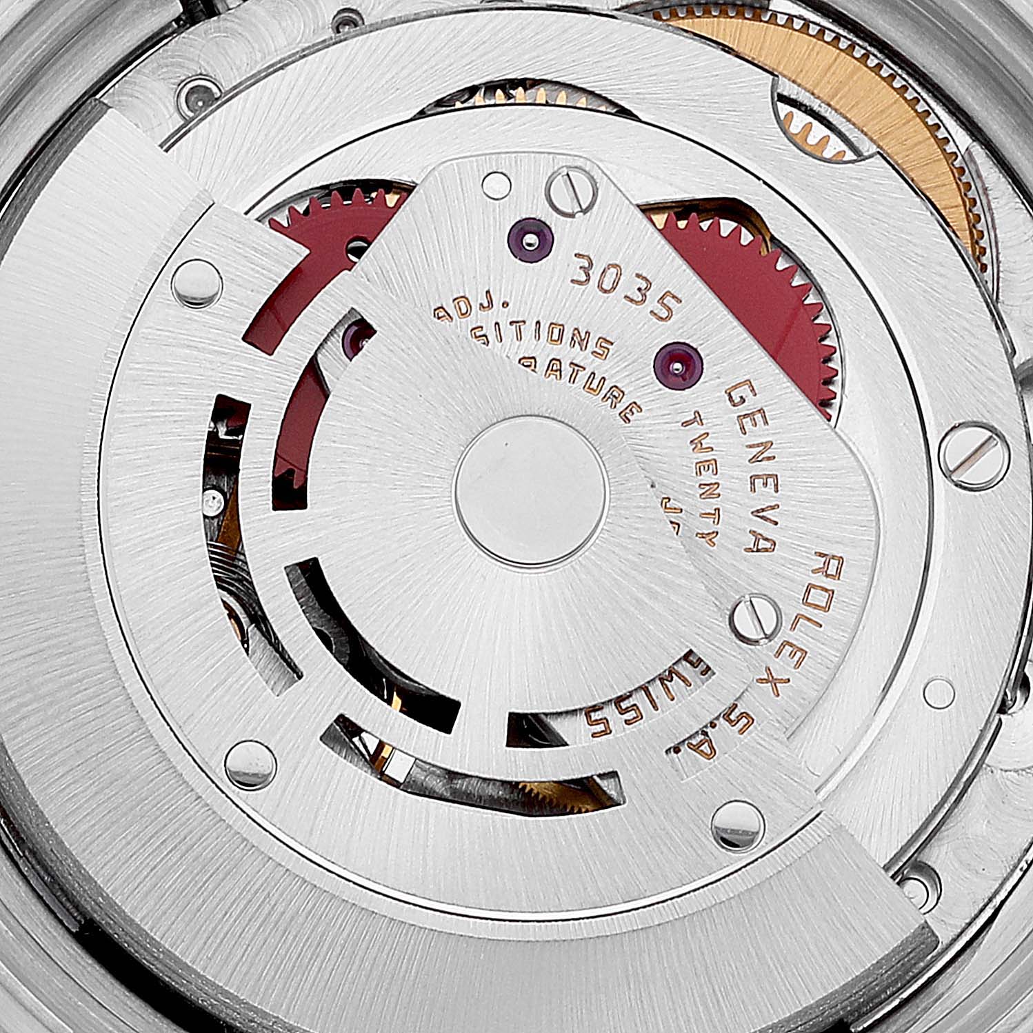 This image shows the intricate internal mechanism and gears of the Vintage Collection model by Rolex from a close-up angle.