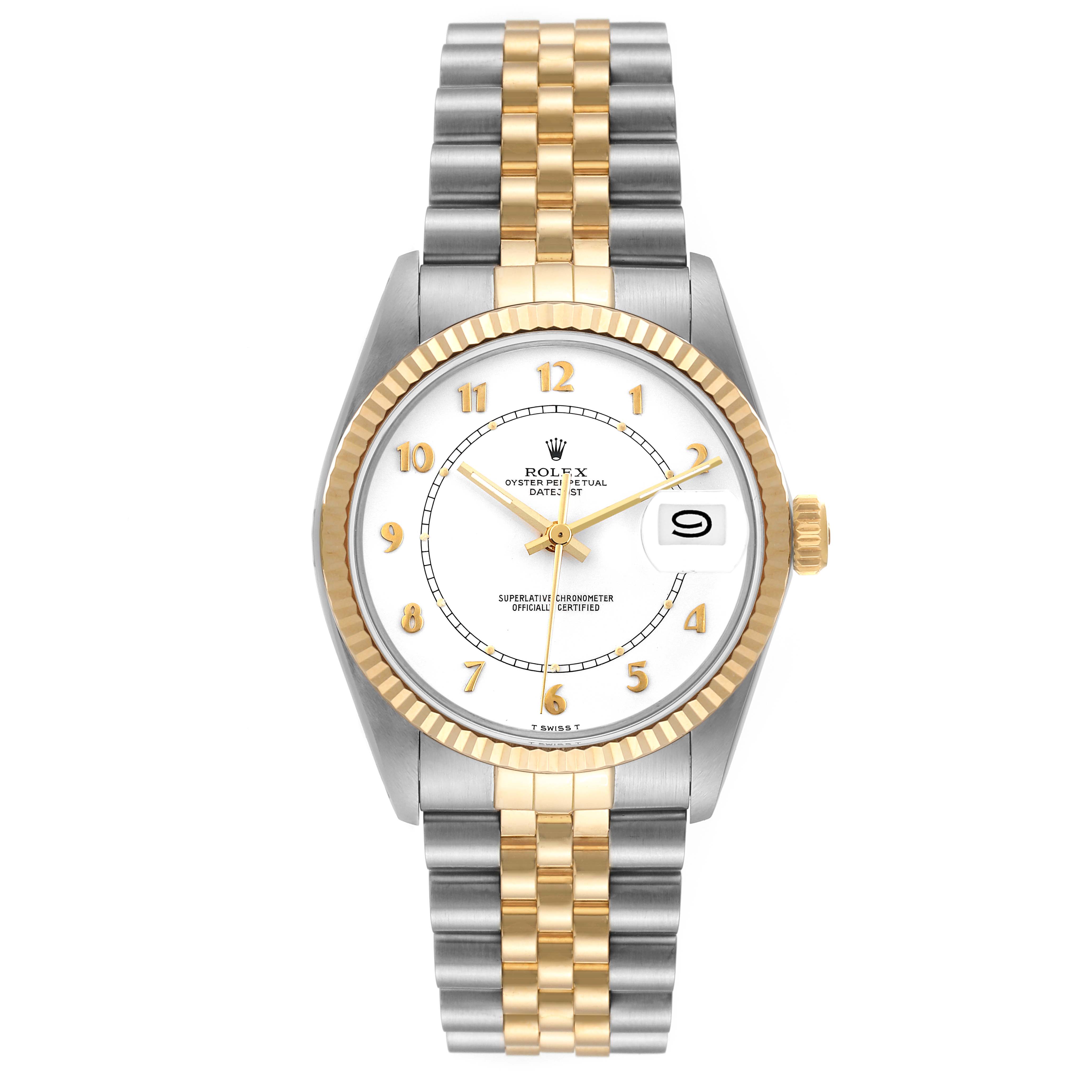 The image shows a front view of the Rolex Vintage Collection 16013 Men's Steel and Gold (two tone) White Dial 16013 Men's Steel and Gold (two tone) White Dial model watch, highlighting its two-tone bracelet, white dial, and gold accents.