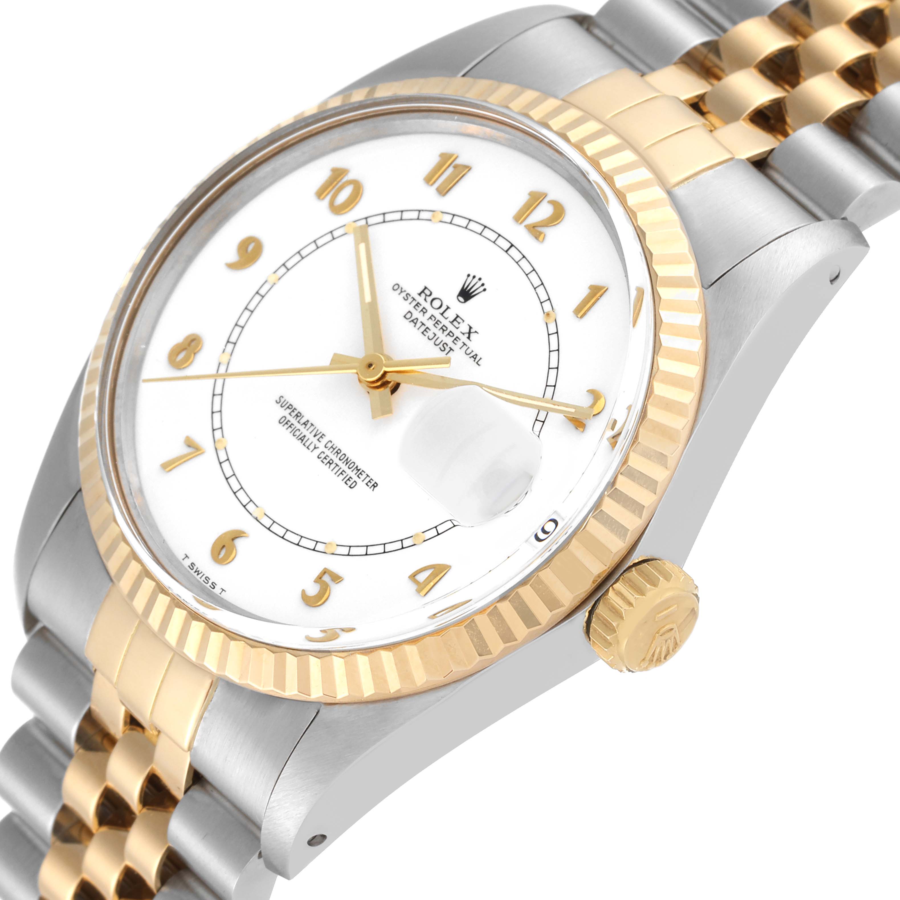The Rolex Vintage Collection 16013 Men's Steel and Gold (two tone) White Dial 16013 Men's Steel and Gold (two tone) White Dial model is shown at a slight angle, exhibiting the watch face, bezel, crown, and part of the bracelet.